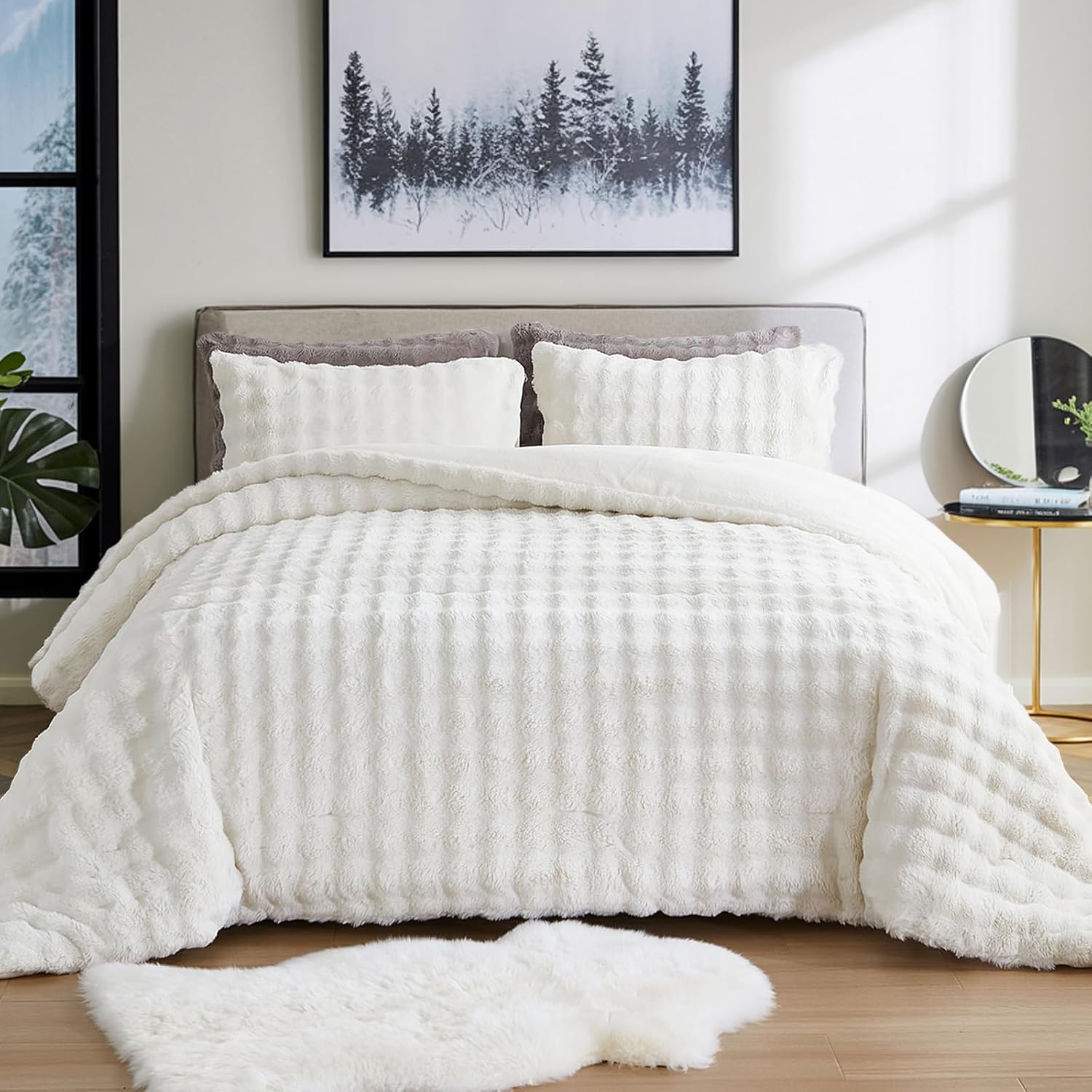 Bedbay Rabbit Faux Fur White Comforter Set Queen Size Plush Fluffy Comforter Winter Bedding Set Soft Cozy Warm Winter Quilts Queen Size Smoofy Velvet Bubble Fur Fuzzy Comforter Luxury Bedding 3 Pcs - Image 4
