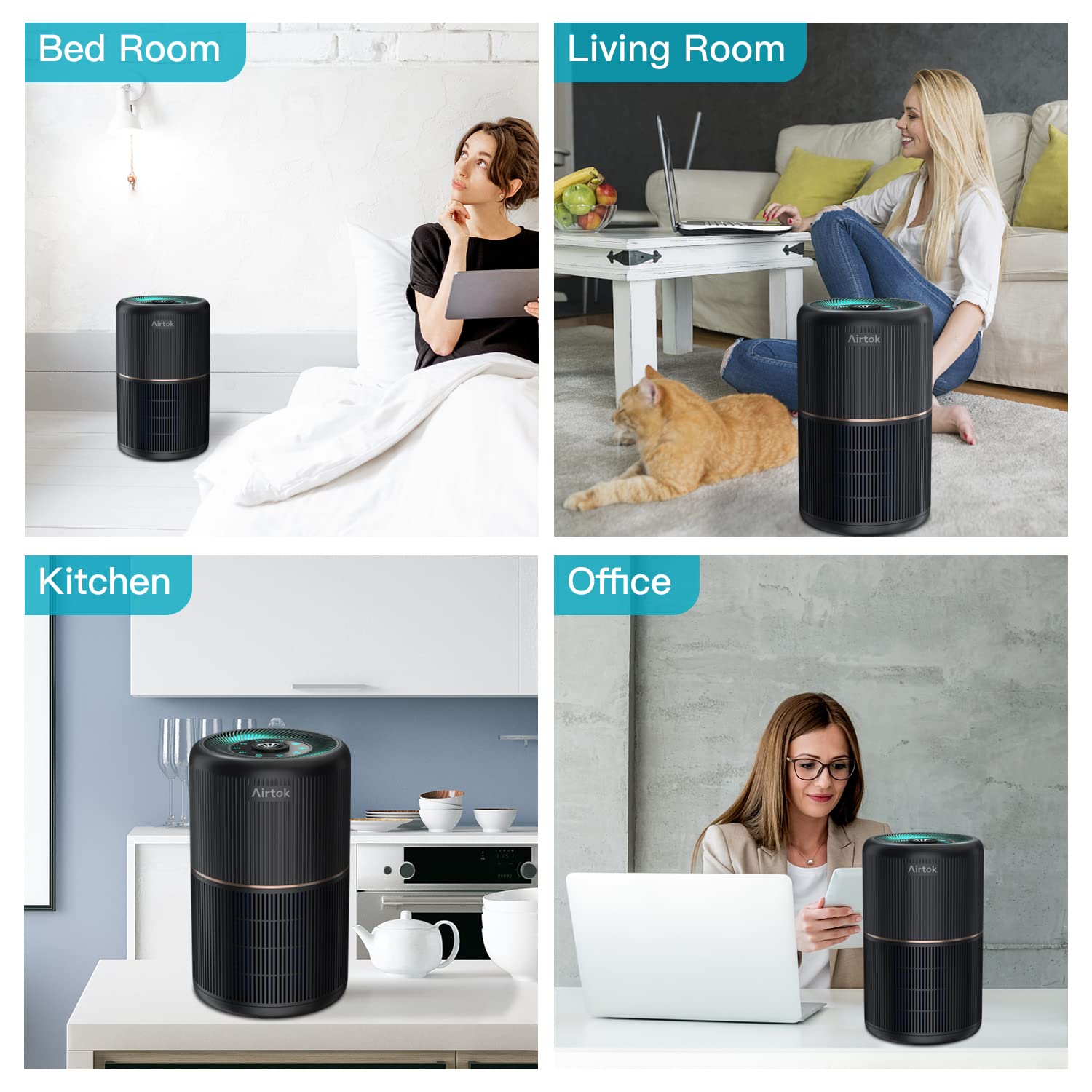 AIRTOK Purificateur d'air avec 12 éponges parfumées, purificateur d'air H13 HEPA élimine la poussière, les odeurs d'animaux, purificateur d'air domestique 4 étapes filtre à air pour chambre, bureau