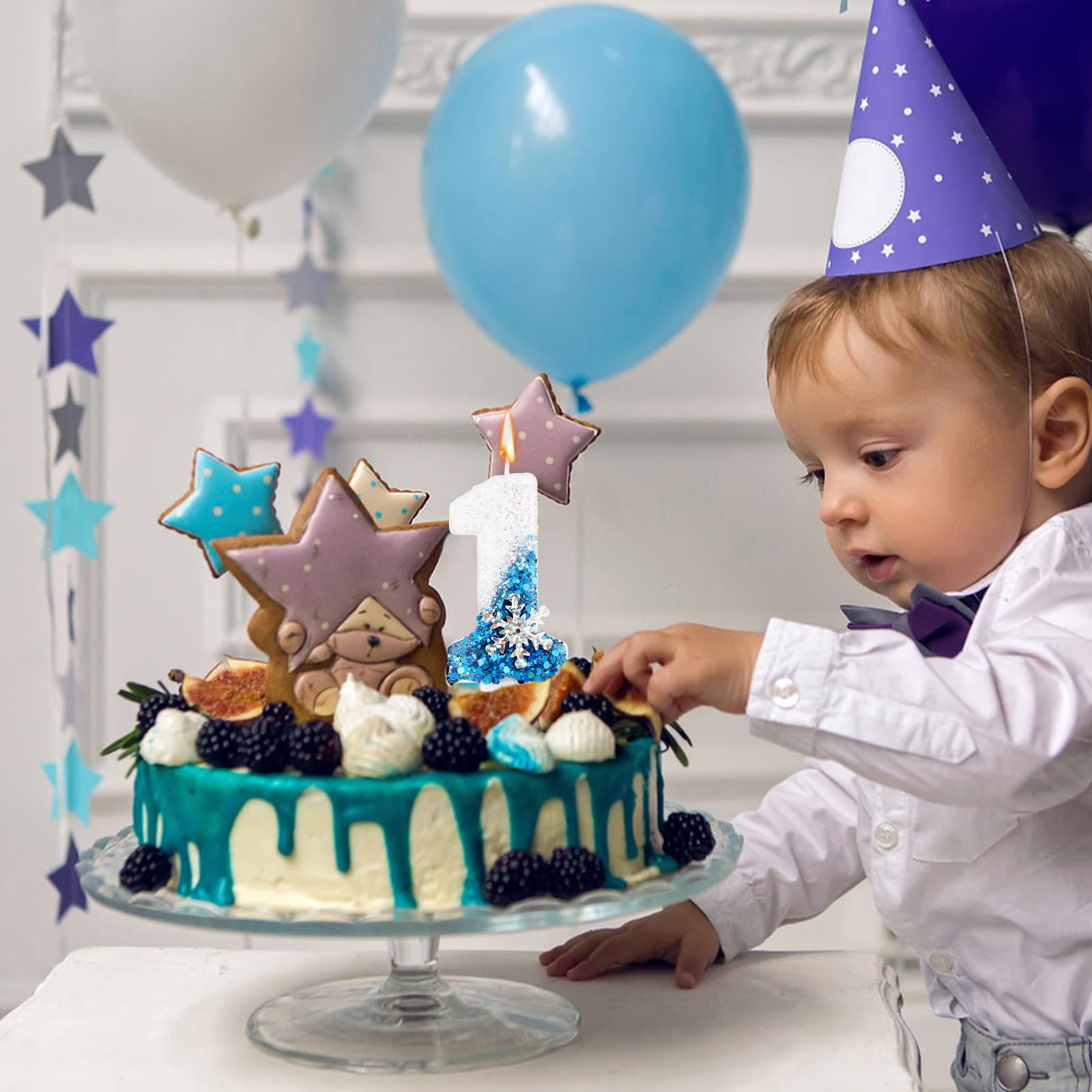 Snowflake Number Birthday Candle - White & Blue Snow Themed Cake Topper