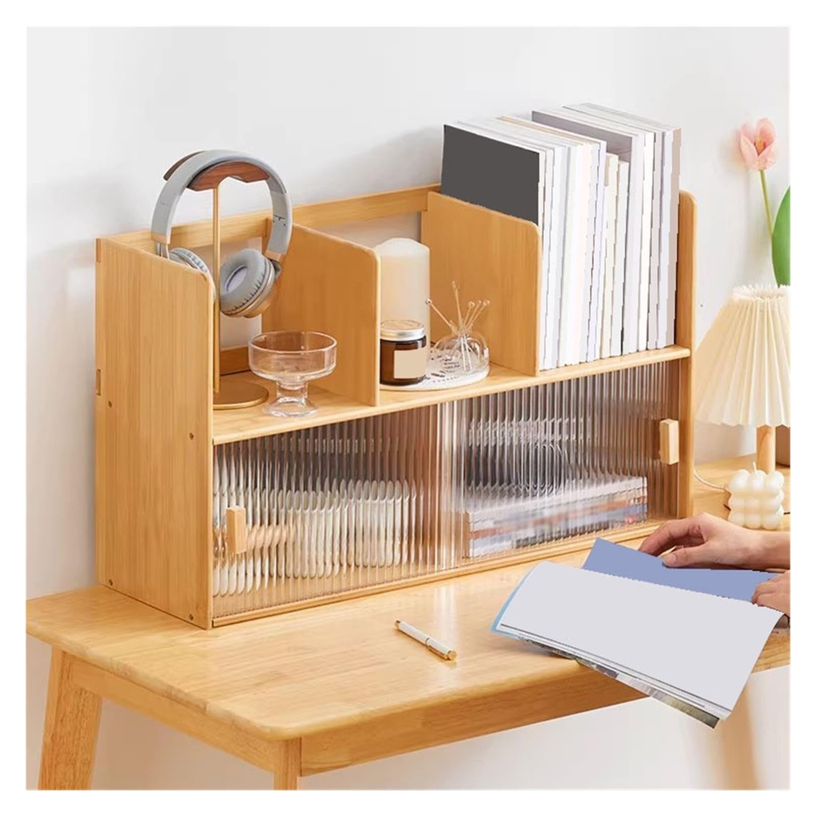 Petites étagères Bibliothèque de Table en Bambou avec Porte coulissante en Verre Bibliothèque de Table(L)