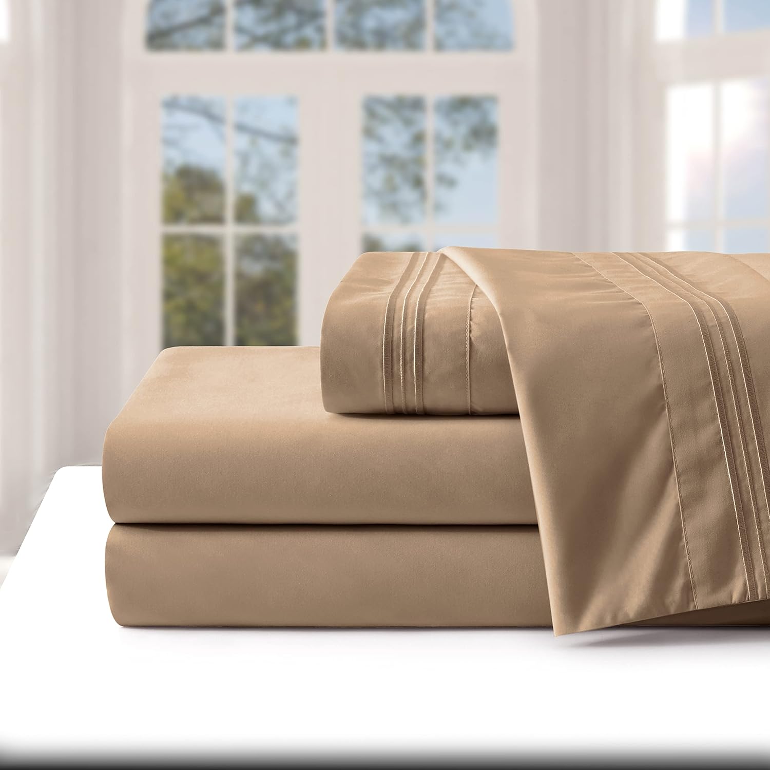 Manyshofu Extra Deep Pocket Queen Sheet Sets - Hotel Luxury 1800 Thread Count Sheets & Pillowcases - Microfiber Bedding Set up to 24" Mattress - Khaki Bed Sheets 18-24 Inch Deep Pockets - 4 Piece - Image 2