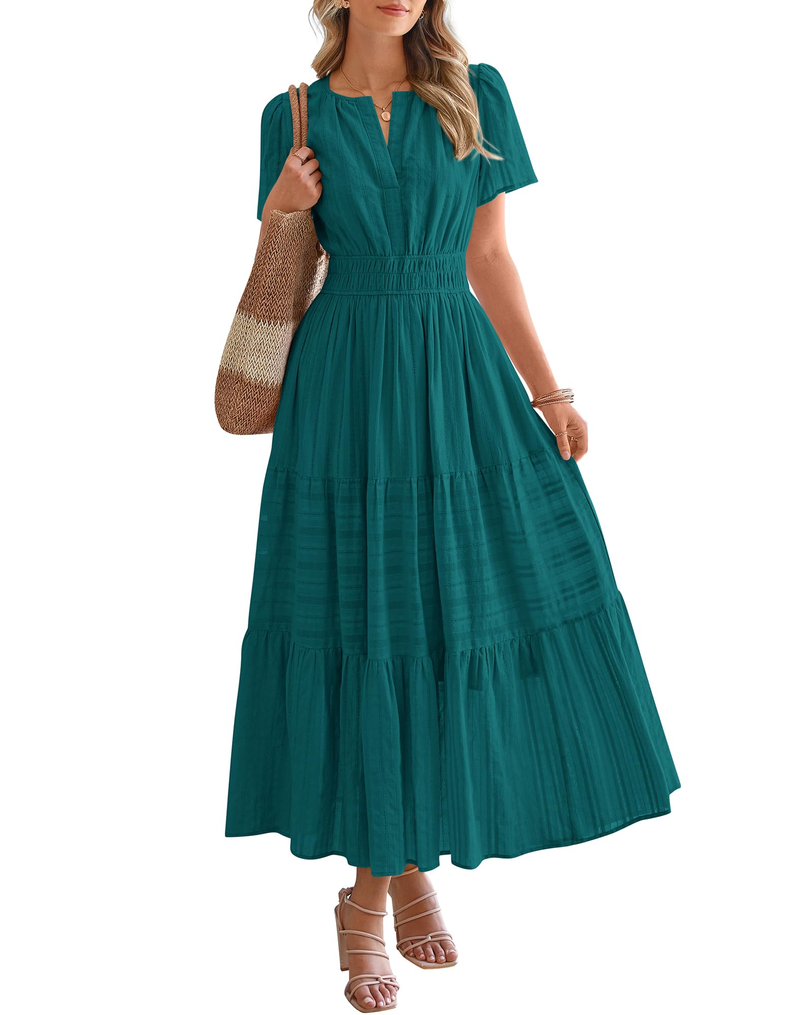 BTFBM Womens Summer 2026 Midi Maxi Dresses Lightweight Short Sleeve V Neck Elastic Waist Boho Beach Spring Dress Pockets