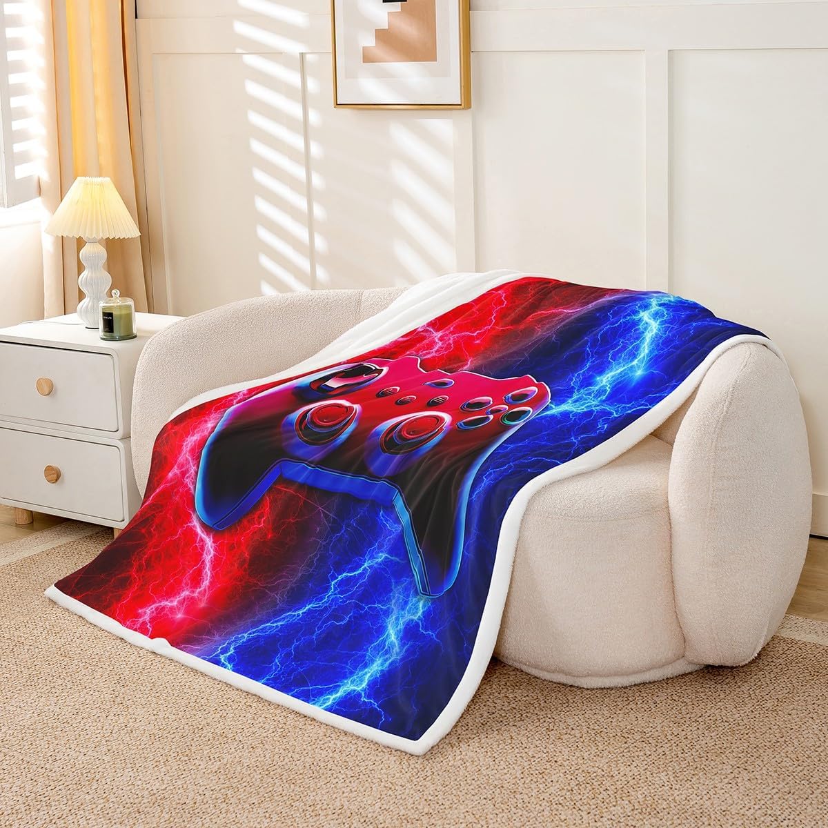 Manfei Video Games Throw Blanket Red-Blue Lightnings Gamepad Bed Blanket for Kids Boys Teens Adults, Modern Gamer Blanket for Couch Sofa, Soft and Breathable Fleece Blanket(90 x 90 Inches)