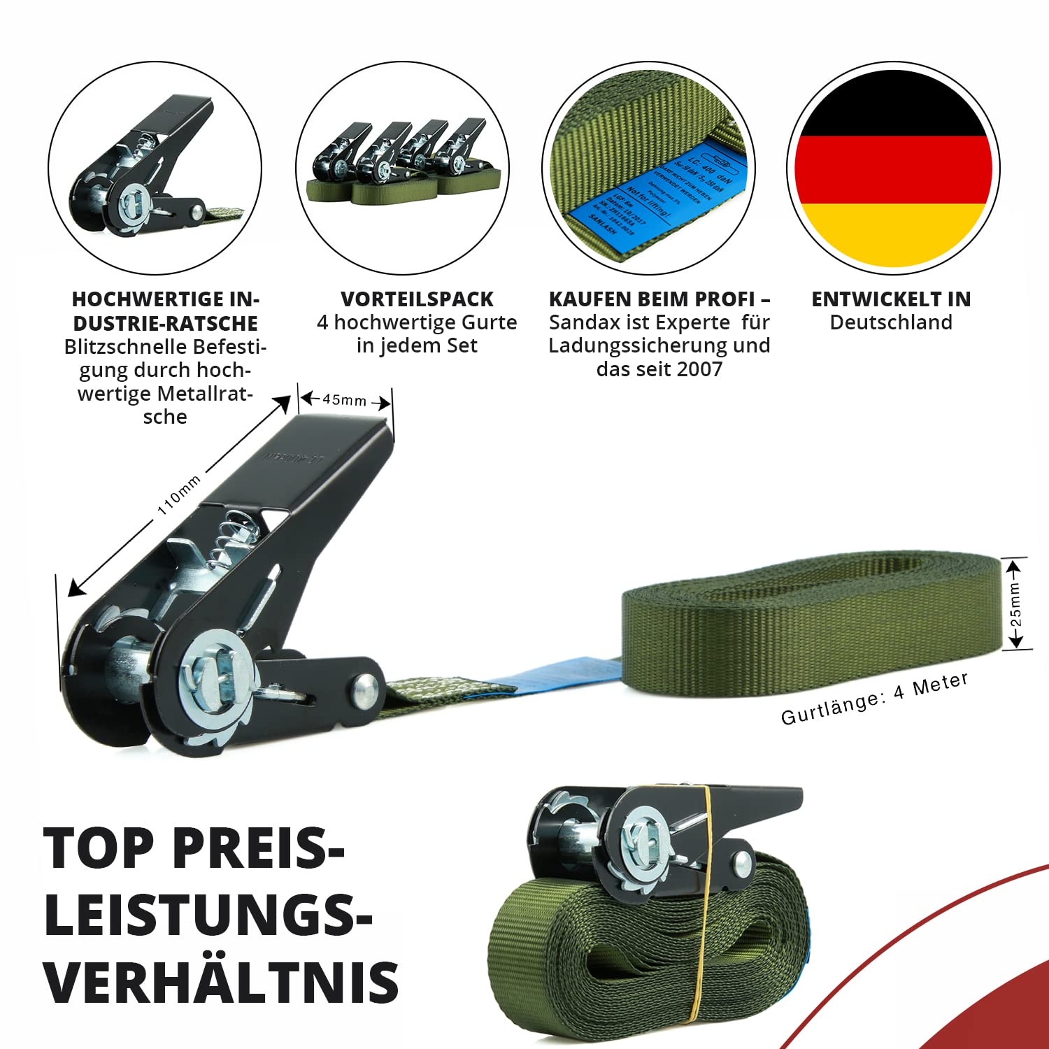 Lot De 4 Sangles à Cliquet Ultra Résistantes - 4m X 25mm - Charge 400kg - Parfaite Pour Transport Vélo, Kayak, Remorque