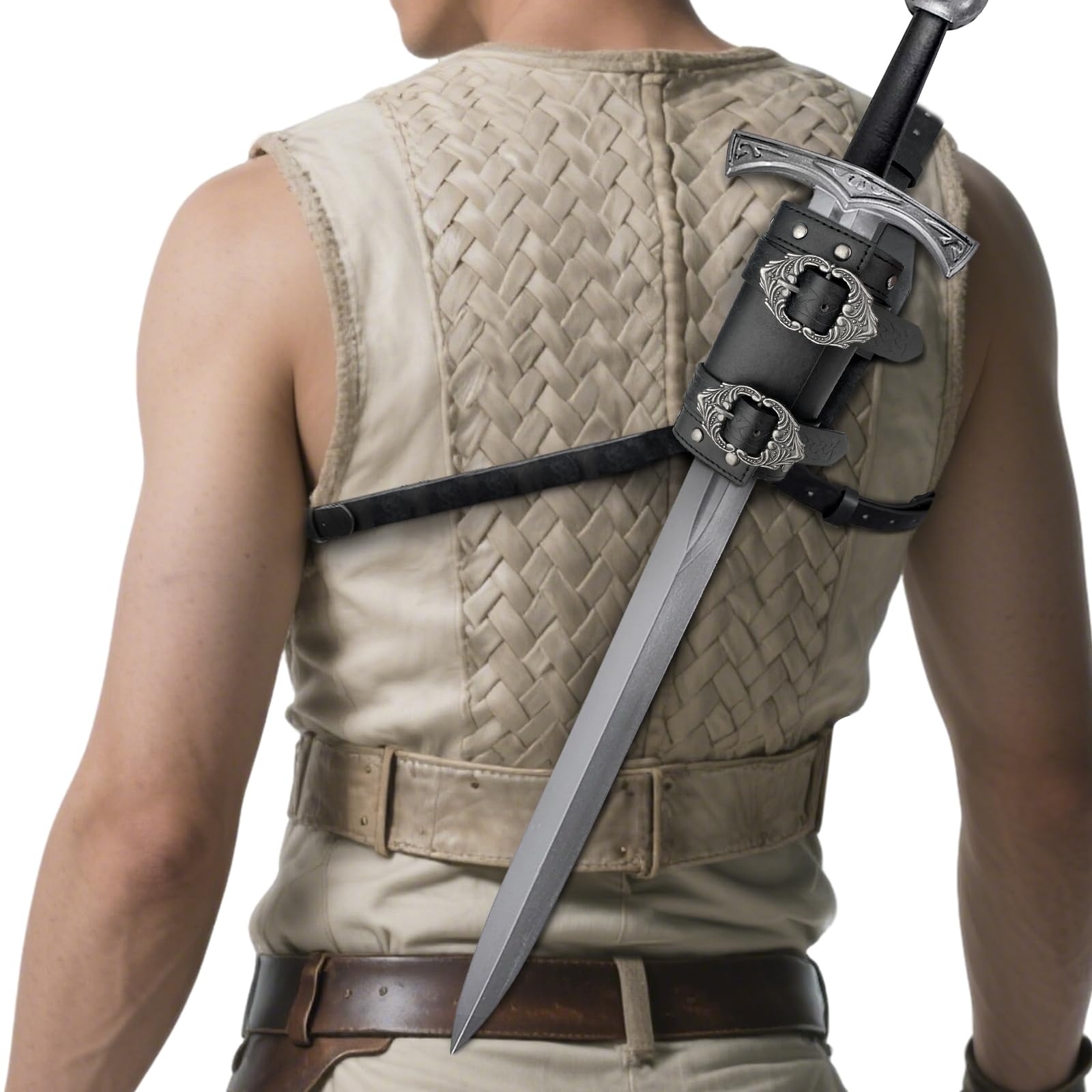 HiiFeuer Medieval Faux Leather Back Sword Frog, Vintage Adjustable Sword Holster, Middle Ages Back Sword Sheath Holster (Black A)
