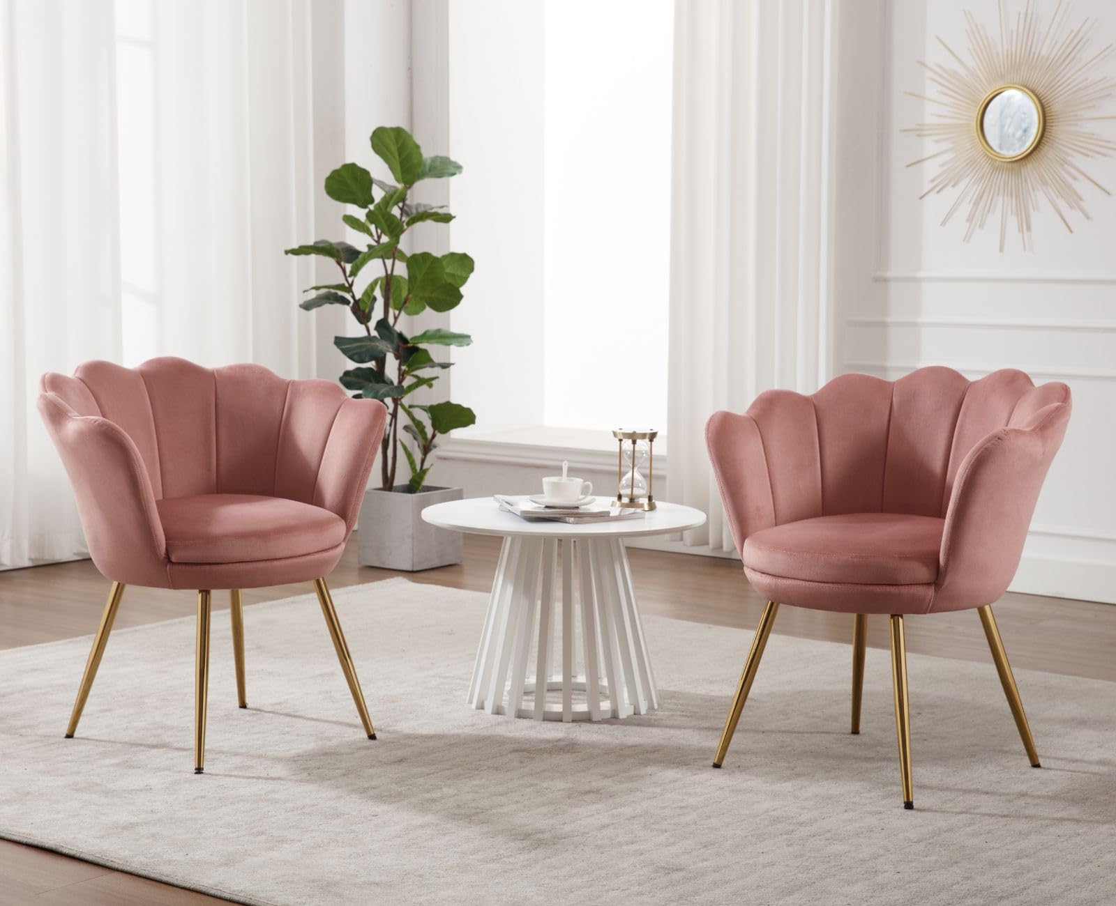 Ya-Home Sillón Individual de Terciopelo Butaca de Salón,Silla Tocador Maquillaje con Patas de Metal，Silla de Concha Moderno para Recepción/Dormitorio/Tocador,Rosa