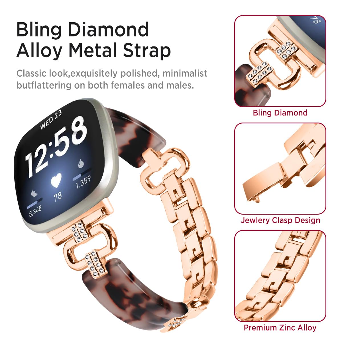 Miimall Alloy Resin Strap for Fitbit Versa 4/Versa 3/Fitbit Sense 2/Sense Band, Bling Rhinestone Wristband - Image 3