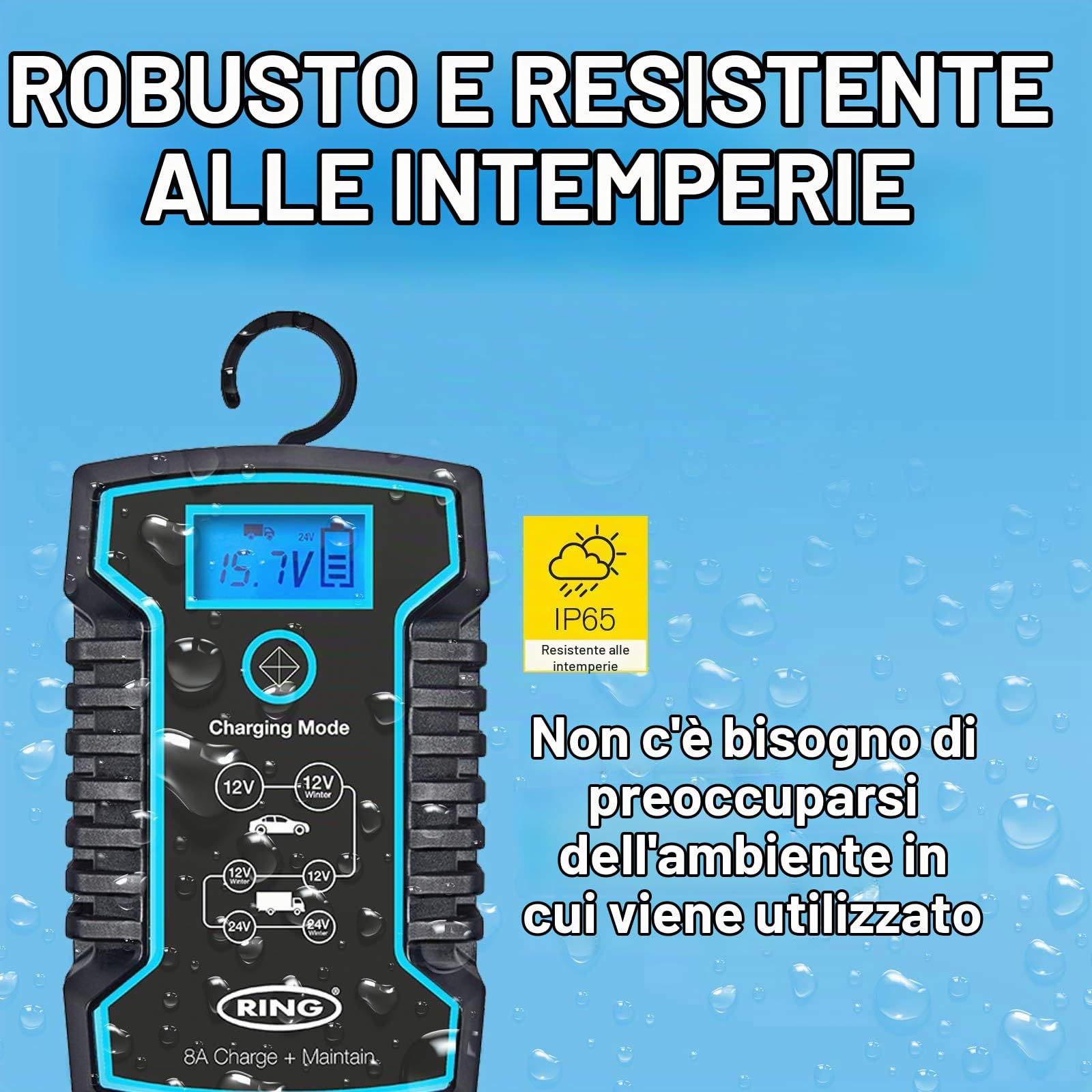 Ring Caricabatterie Intelligente 8A e mantenitore – Compatibile con Veicoli di Grandi Dimensioni: Si collega Rapidamente con Morsetti o terminali O-Ring Inclusi