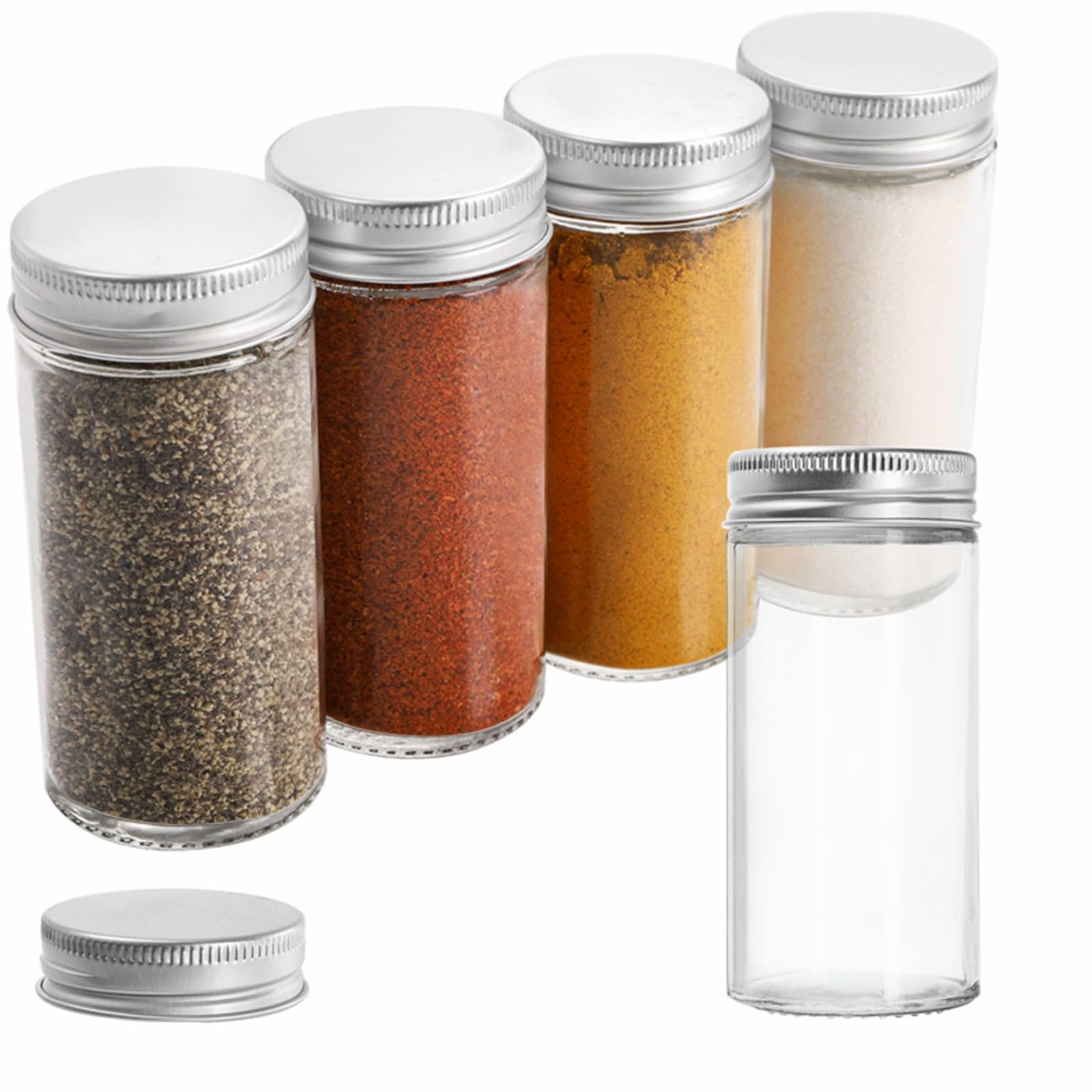 Tebery Lot de 30 pots à épices ronds avec couvercles argentés, conteneurs à épices vides en verre de 85 g, ensemble de rangement complet comprenant couvercles shaker, entonnoir large, étiquettes et