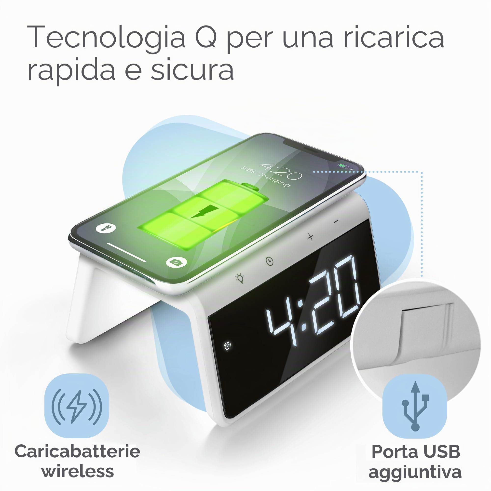 Caliber Sveglia Digitale con Luce, Display dimmerabile, Doppio Allarme e Stazione di Ricarica Rapida, per Bambini e dormienti, Allarme Forte, Orologio Digitale