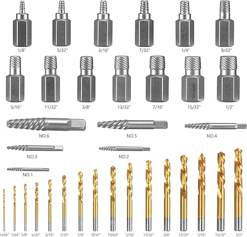 Miniatura 9 de XEWEA Juego de 26 extractores de tornillos y pernos con kit de broca de mano izquierda con adaptador hexagonal, juego de llaves de vaso para quitar