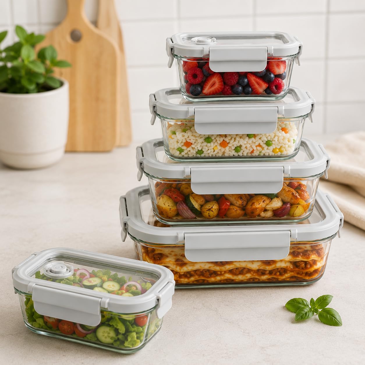 Set di 4 contenitori per alimenti in vetro con coperchio in vetro, adatti per congelatore e forno