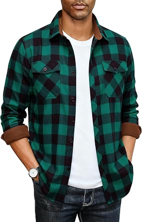 Mens Flannel Shirt Long Sleeve Soft Smooth Plaid Shirts Casual Button Down with Pocket Regular Fit Tops