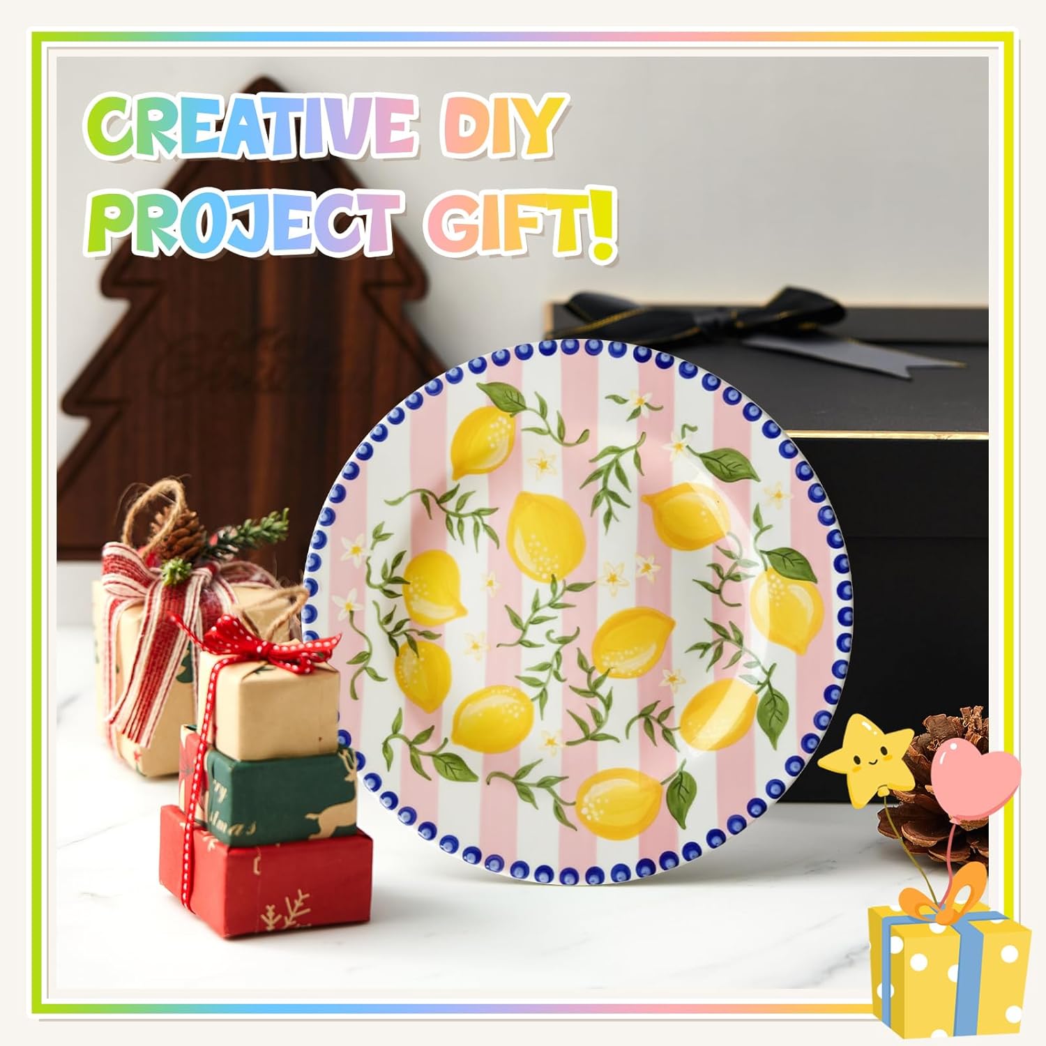 Vesici DIY Paint Your Own Ceramic Plate Kit, Birthday Gift Set for Adults, 4 Food-Safe Paint, Creative Family Activity & Date Night Party (8 Inch)