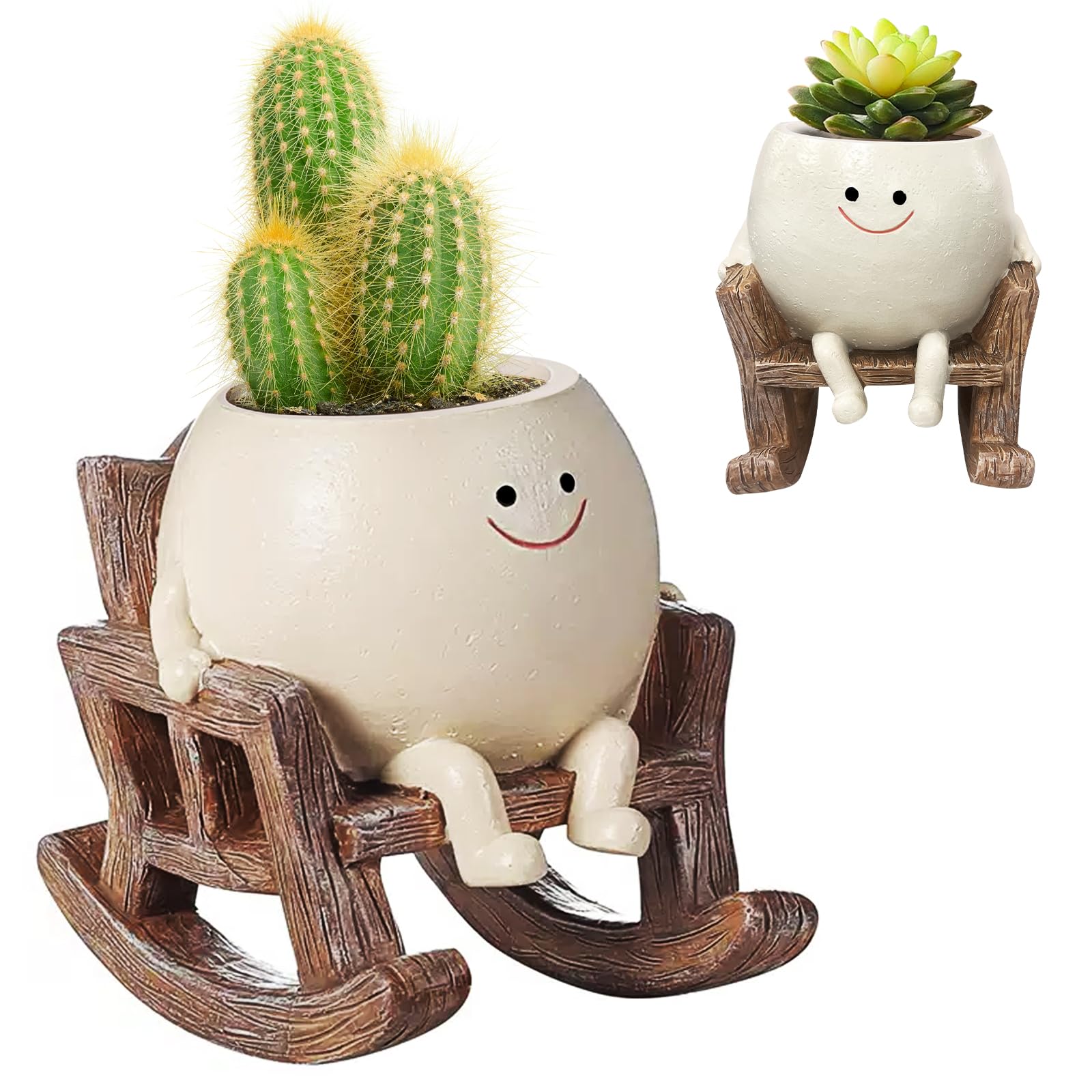 YZNlifeSmiley Face Planter Pot Cute Resin Flower Head Planters with Drainage Hole for Indoor Outdoor Unique Sit Rocking Chair Succulent Pots IdeaI