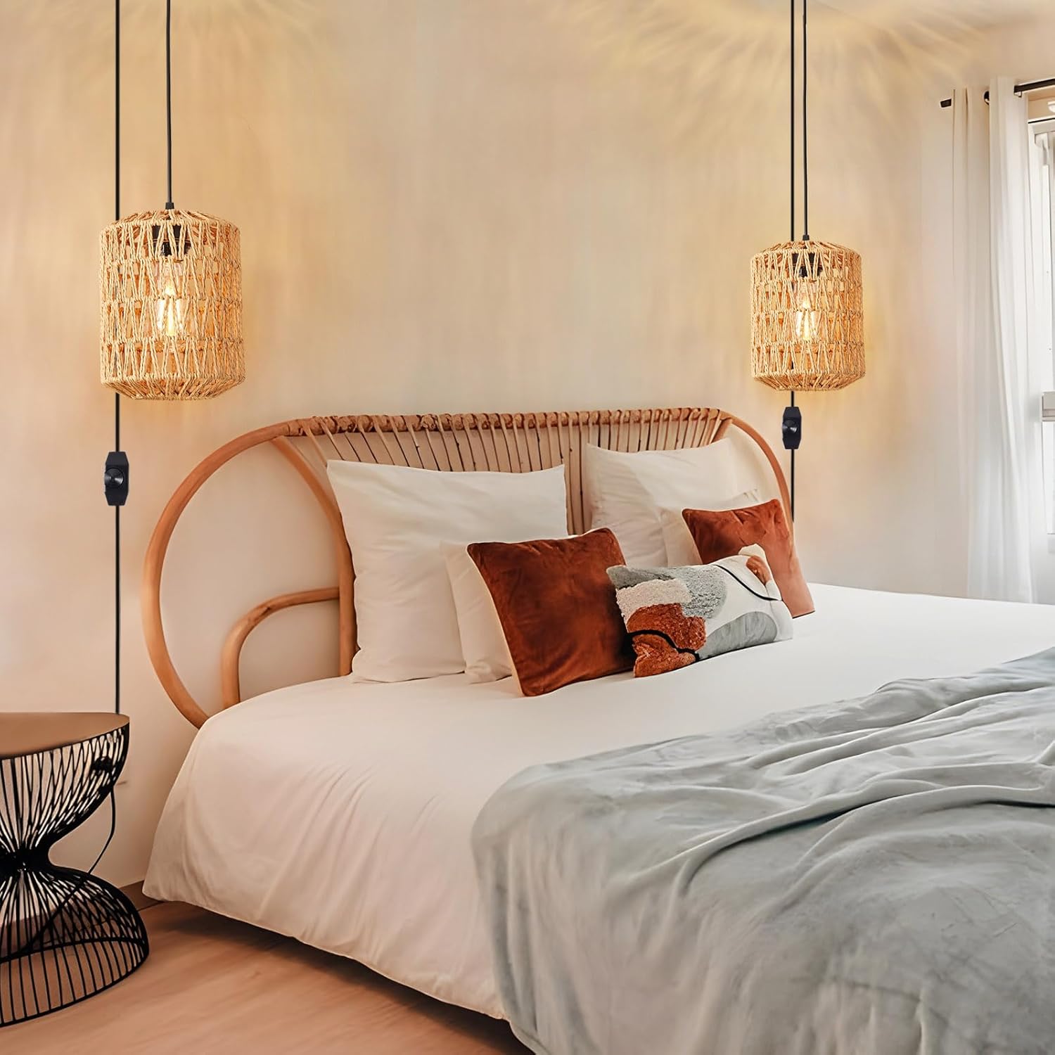 Plug in Pendant Light, Rattan Hanging Lights with Plug in Cord 15ft Dimmable Cord, Hand Woven Wicker Lampshade Hanging Lamp, Boho Plug in Hanging Ceiling Light Fixture for Farmhouse Bedroom