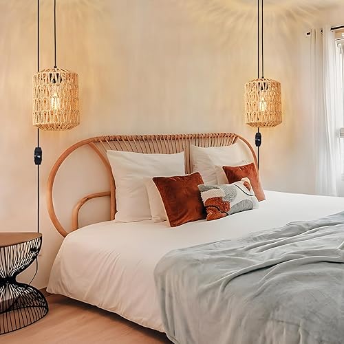 Miniatura 6 de Lámpara colgante enchufable, luces colgantes de ratán con cable de enchufe de 15 pies, cable regulable de 15 pies, pantalla de mimbre tejida a mano,