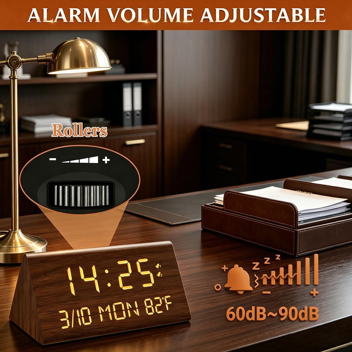 Kogonee Digitaler Wecker aus Holz, 0-100% Helligkeit Dimmer & Lautstärke, Temperaturerkennung, Datum, Wochentag/Wochenendmodus, Dual-Alarm, Holz-LED-Uhr für Schlafzimmer, Nachttisch (Braun)