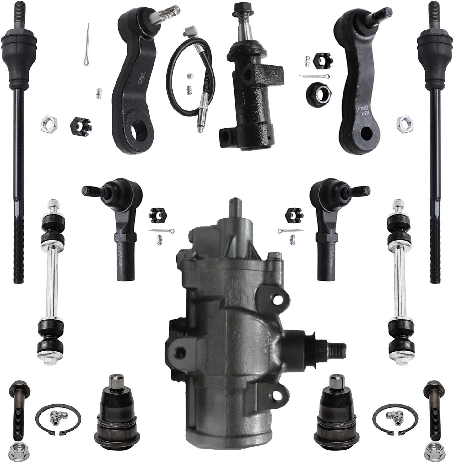 Detroit Axle - Front 12pc Gear Box Kit for 2007-2017 Chevrolet Express GMC Savana 2500 3500, Power Steering Gear Box Sway Bars Tie Rods Upper Ball Joints Pitman Idler Arms Bracket Replacement