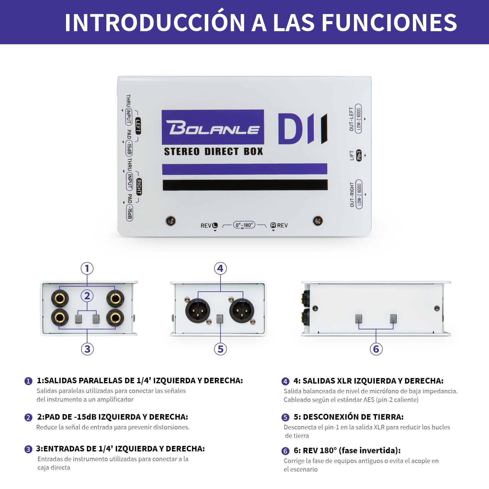 Bolanle D2 Premium Passive Stereo DI Box, 2 Channel Direct Box with -15dB Pad, Ground Lift & Polarity Switch - Image 3