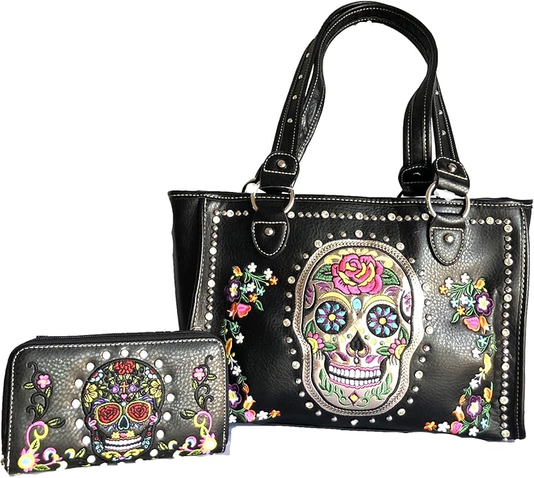 sugar skull day of the dead embroidery gun concealed carry handbag purse set (black)