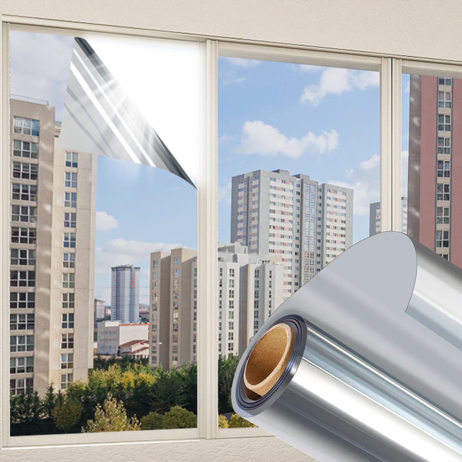 One Way Silver Privacy Mirror Film Self Adhesive Reflective Window Tint UV Block Heat Reduction(120x300cm)