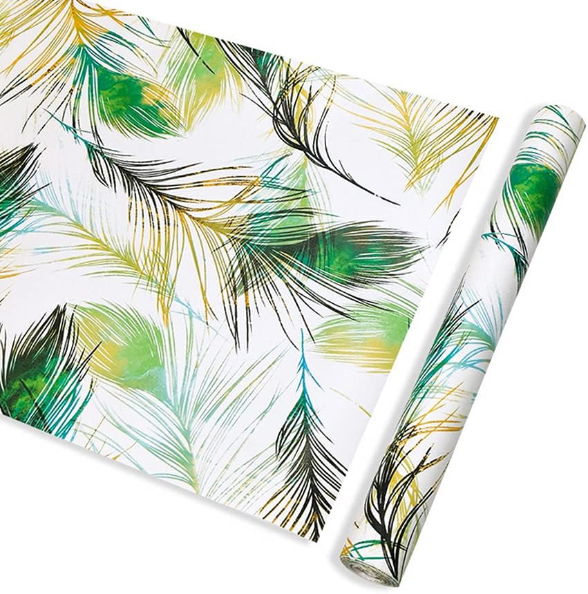 2 Pack Shelf Liners Green Feather Self-Adhesive PVC Drawer Paper Furniture Protector Redo Toddler Makeup Dressing Table Kid Bookshelf 17.7 Inch Wide
