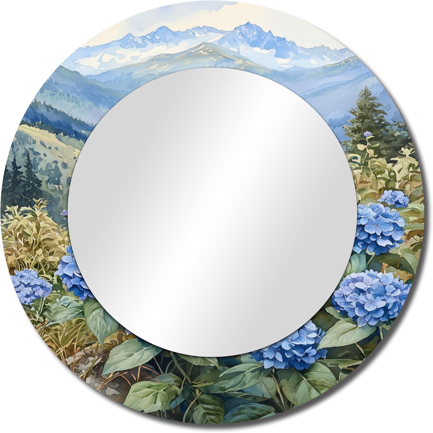 DesignQ - The Mountain Meadow Within Hydrangeas III - Traditional Round Decorative Metal Mirror - Hydrangea Decorative Circular Mirror for Bedroom, Print on Metal, 23" W x 23" H