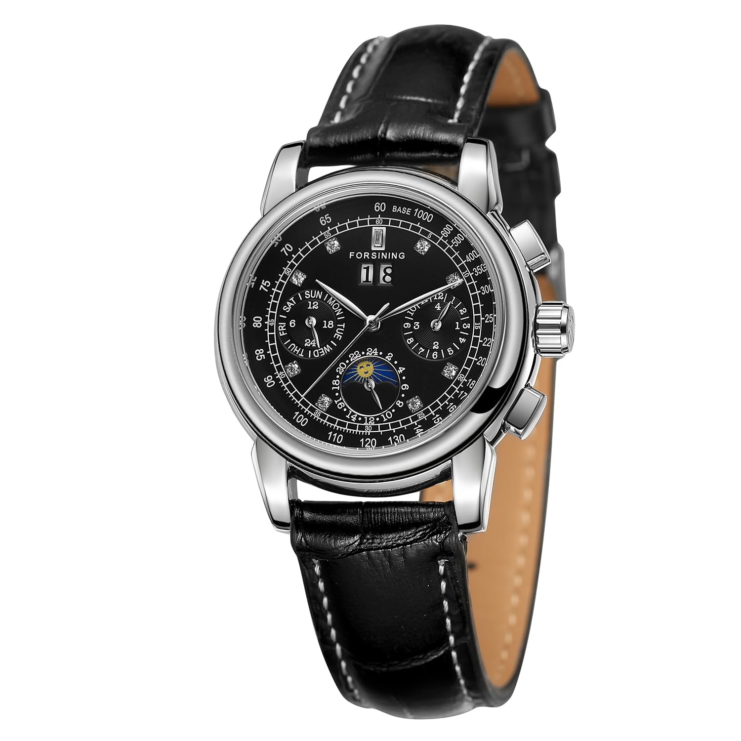 FORSINING Wasserdichte automatische Business-Armbanduhr für Damen, Kalender, selbstaufziehend, Edelstahl, Mondphasen-Armbanduhr, Schwarz, Schwarz , Armband