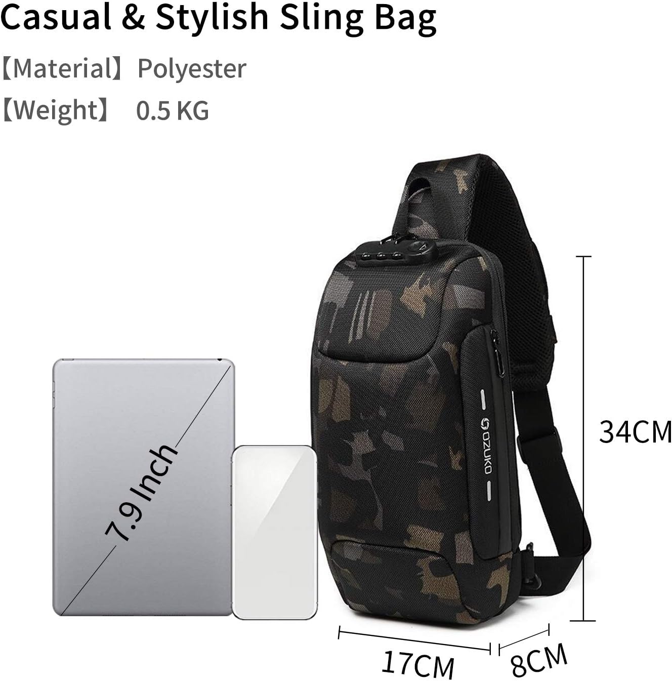 FANDARE New Men Sling Bag Anti-theft Crossbody Bag Chest Pack with Password Lock,USB, Reflective Stripe Shoulder Bag for Cycling Camping Riding Hiking Waterproof Polyester Camo