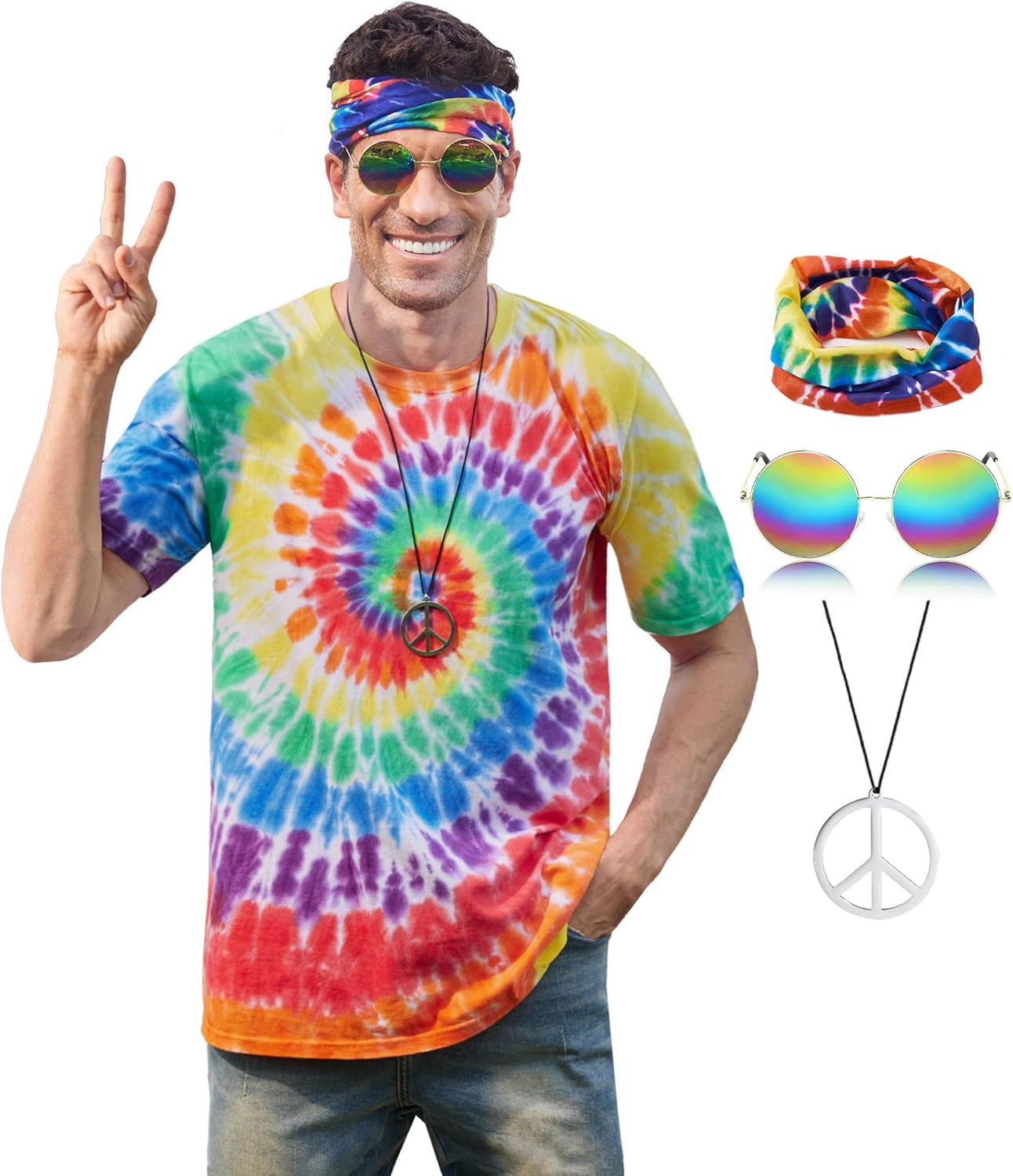 Mainfini Mens Hippie Costume Cotton 60s 70s Outfits Accessories Tie Dye Shirt (S-XXL)