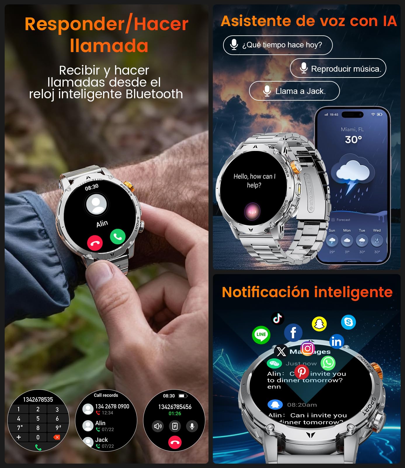 Reloj Inteligente Hombre Militar 1000mAh, Smartwatch 1,7'' con Linterna LED y Llamadas Bluetooth, 110+ Modos Deportivos, IP68, Frecuencia Cardíaca 24H, Android/iOS, 3 Pulseras + 2 Cargadores, EF24-B