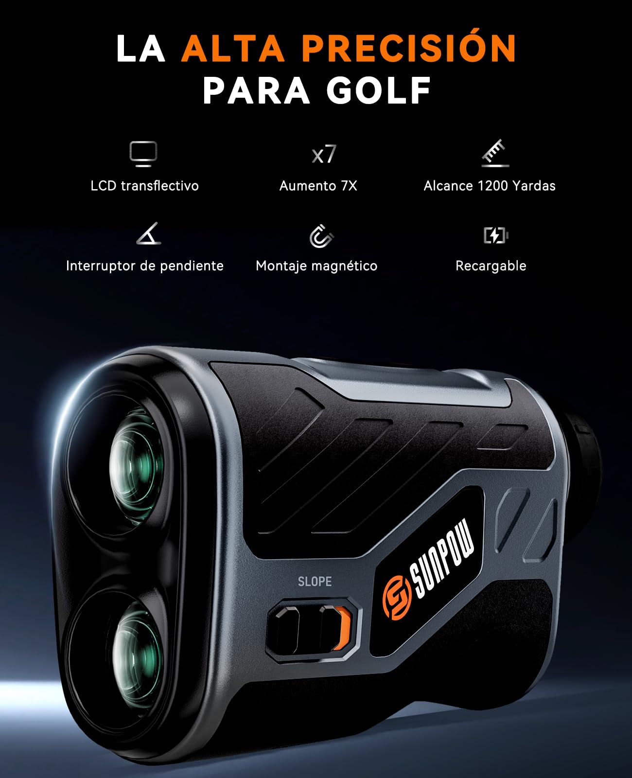 SUNPOW Telemetro Golf Recargable 1200 Yardas con Pendiente, Telemetro Caza de Alta Precisión para Golf y Caza, Aumento de 7X, Bloqueo de Asta de Bandera con Vibración
