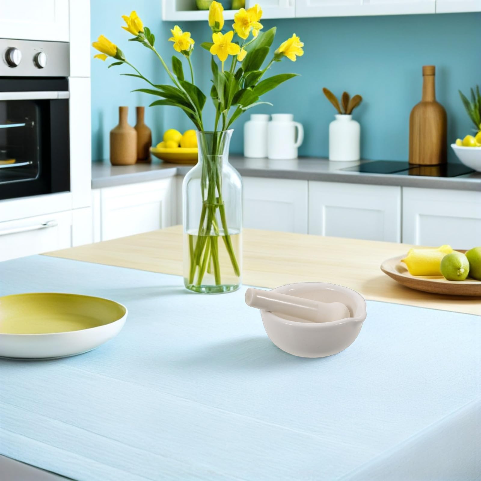 IMIKEYA 2 Pièces Mortier et Pilon en Céramique Blanc avec Bec Verseur, Design Compact et Broyage pour Épices et Assaisonnements Cuisine, 10 Cm