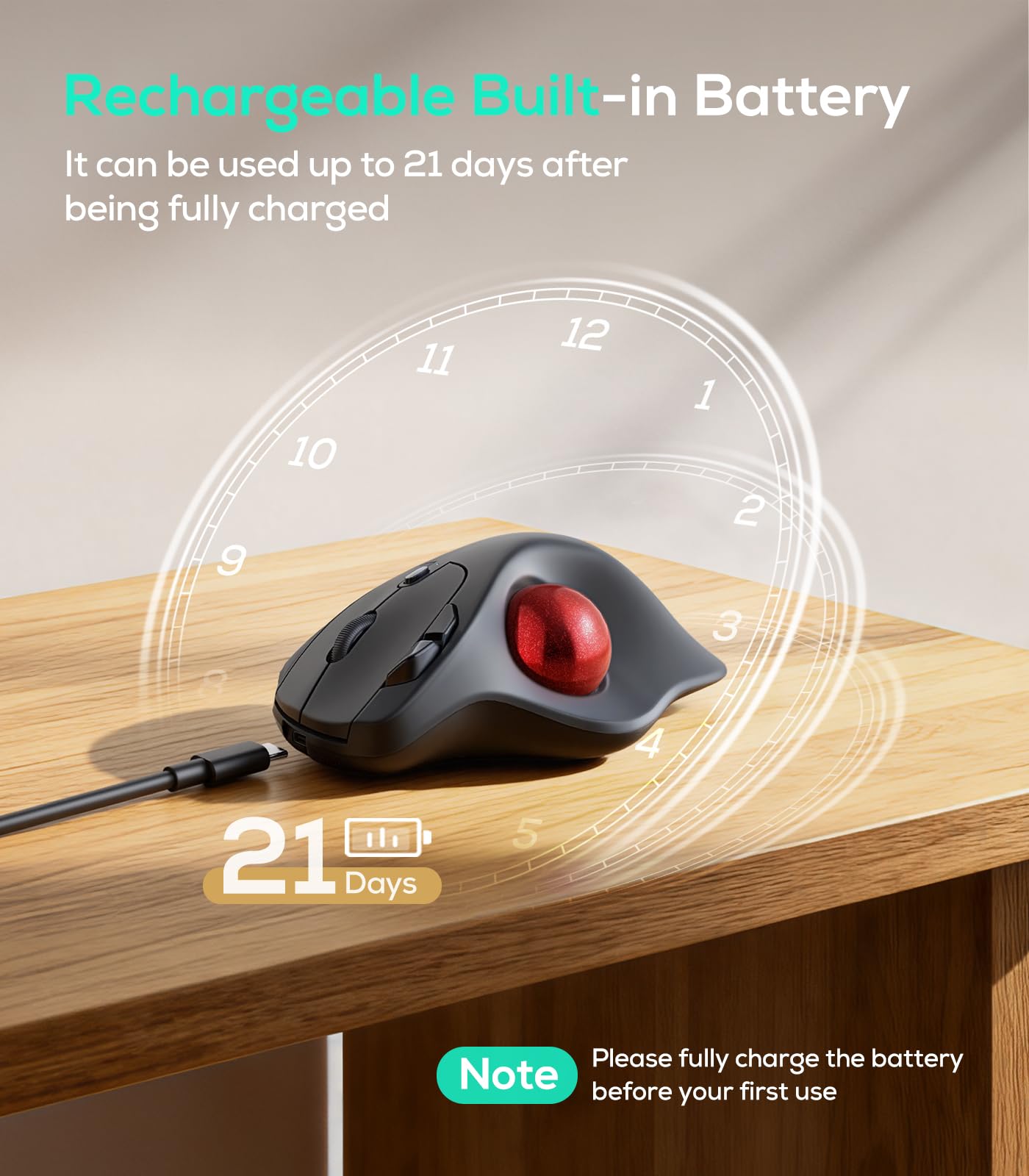 Nulea Souris trackball sans Fil M511, Souris Ergonomique Rechargeable à Commande Pouce avec Support d'inclinaison, Suivi Lisse et précis, Connexion de 3 appareils (récepteur Bluetooth ou USB) - Rouge
