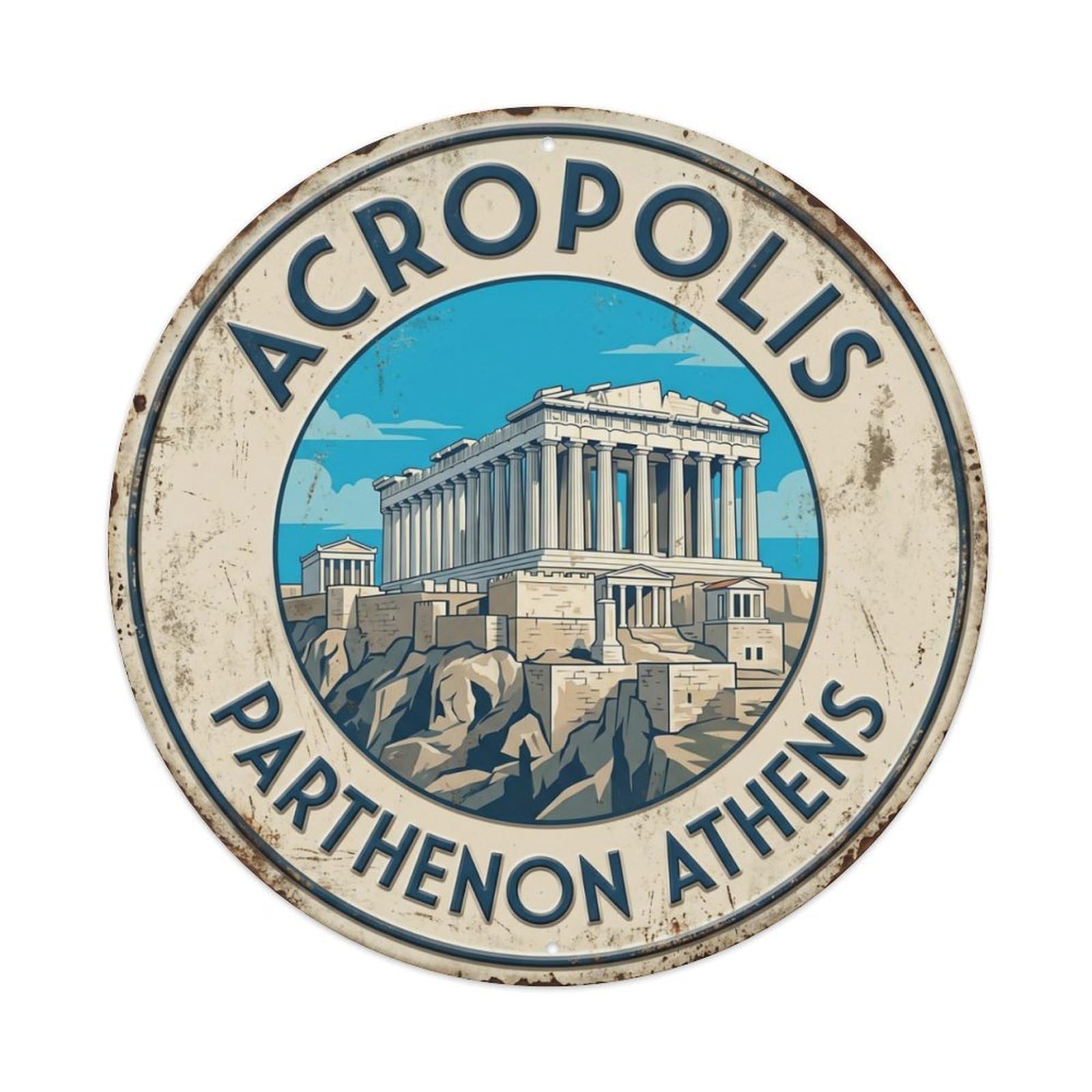 Acropolis Parthenon Athens Greece Temple Vintage Metal Tin Sign Plaque Wall Decor for Cafe, Club, Garden Round Metal Poster 8x8Inch