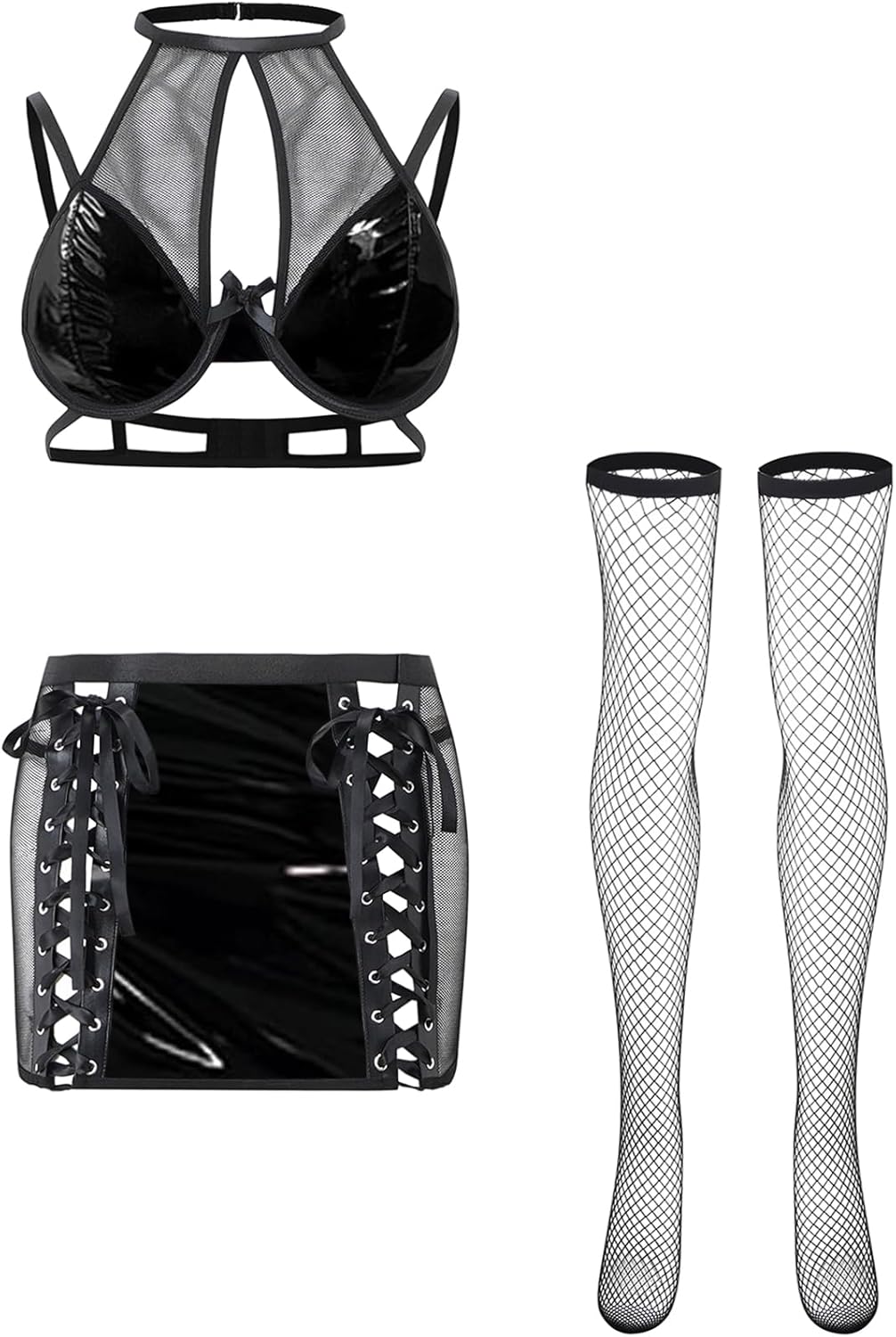 Foxiny Sexy Cutout Halter Underwire Leather Mesh Sheer Mini Skirt Stocking Lingerie Set 4 Piece Outfits