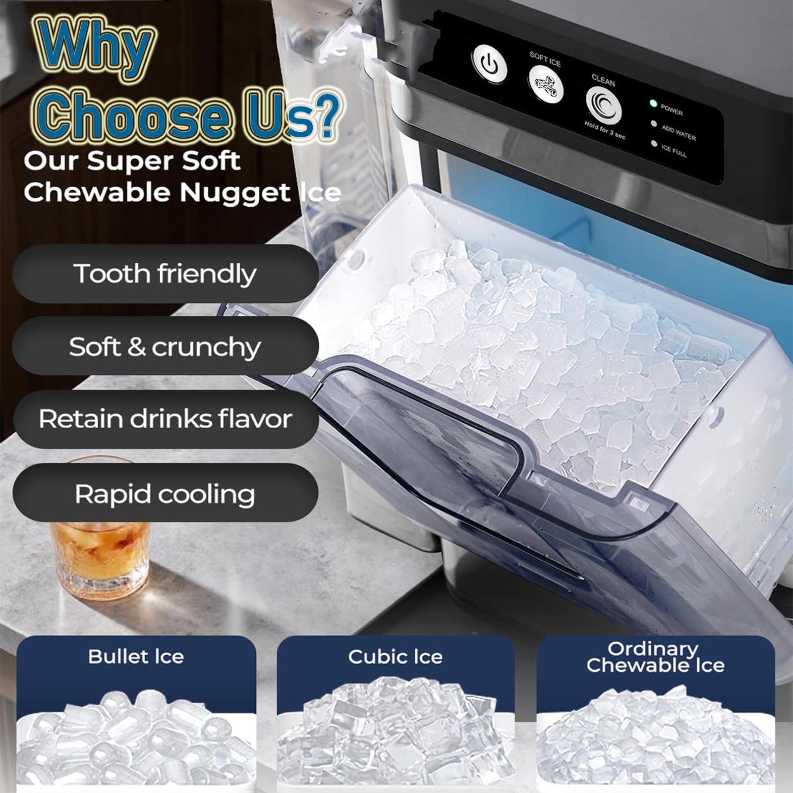 DUXMM Chewable Pellet Ice Machine,Large Capacity Ice Makers Countertop Rapid Ice Release in 6-8Mins,with Side Water Tank,38 Lbs in 24 Hours,Self-Cleaning,Suitable for Party,Kitchen,Office on Fridge.com
