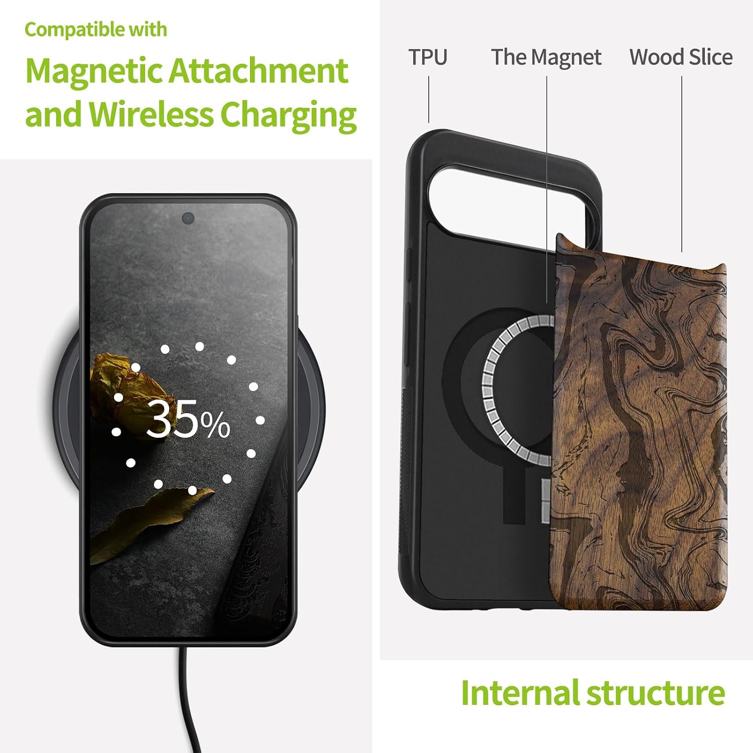 Carveit Magnetic Wooden Case for Google Pixel 9 Pro XL Case, Wood Artisan Engraved & Soft TPU Shockproof Cover, Compatible with MagSafe Wireless Chargers (Dynamic Motion and Organic Flow) Walnut