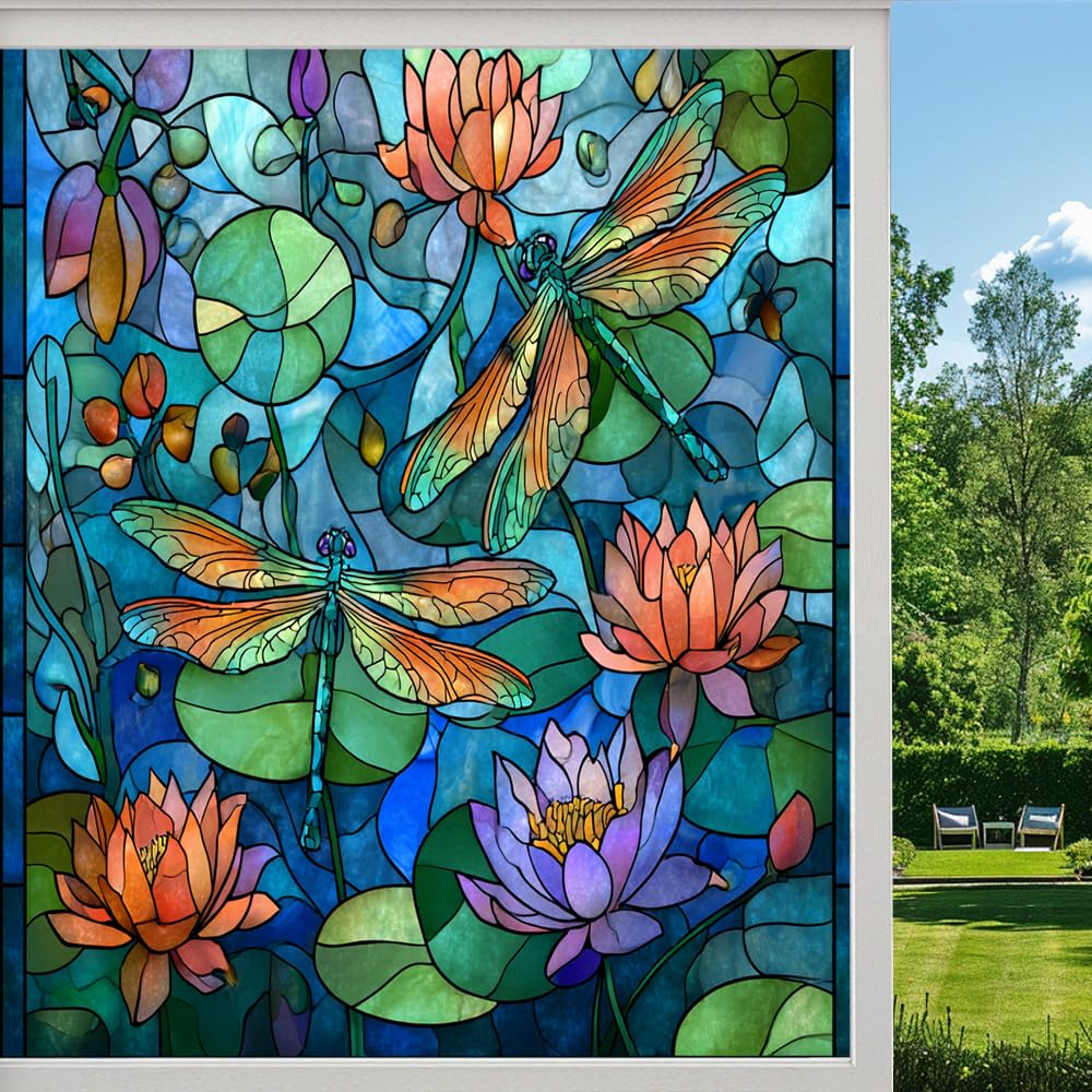 Classic Floral Dragonflies Frosted Window Film, Lotus Plants Pond Stained Glass Privacy Film, Heat Insulation Self-Adhesive Vinyl for Bathroom Office, （40x80cm）