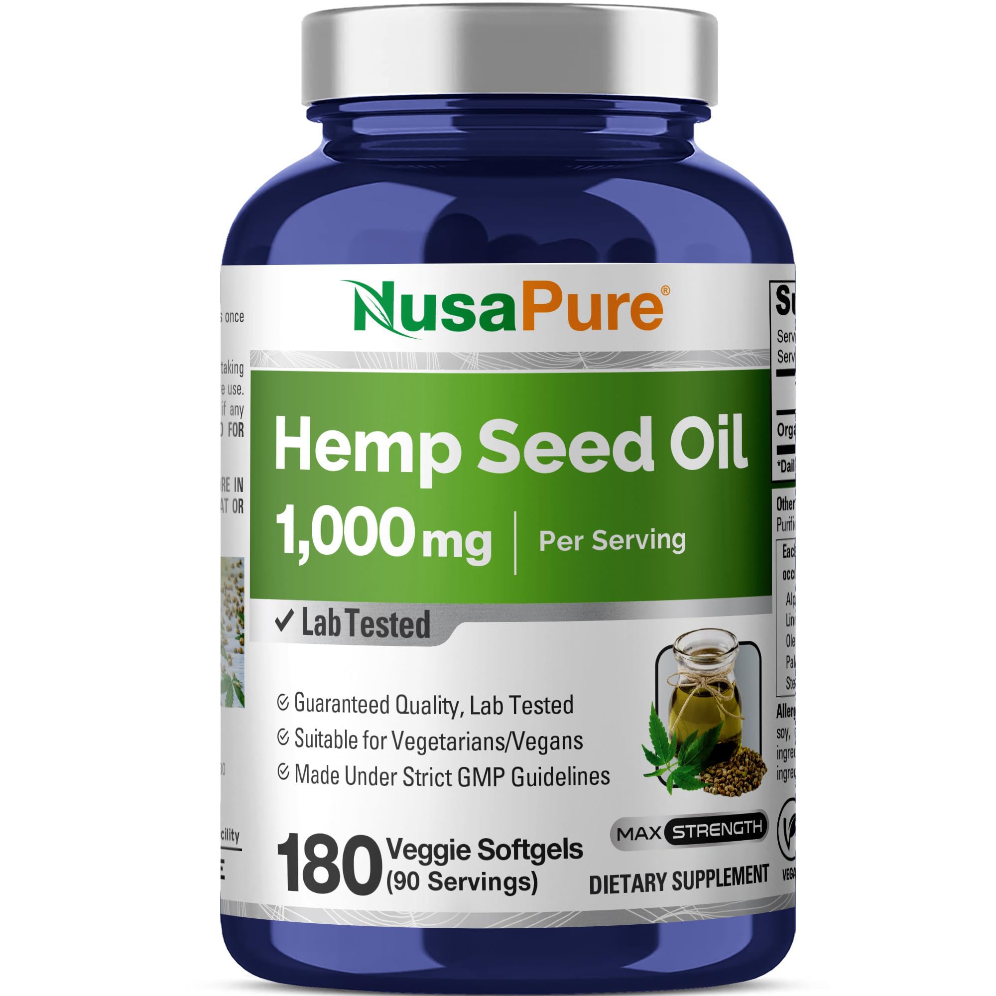 NusaPure Suplemento de óleo de sementes de cânhamo com ômega 3-6-9 1000 mg 180 cápsulas vegetais