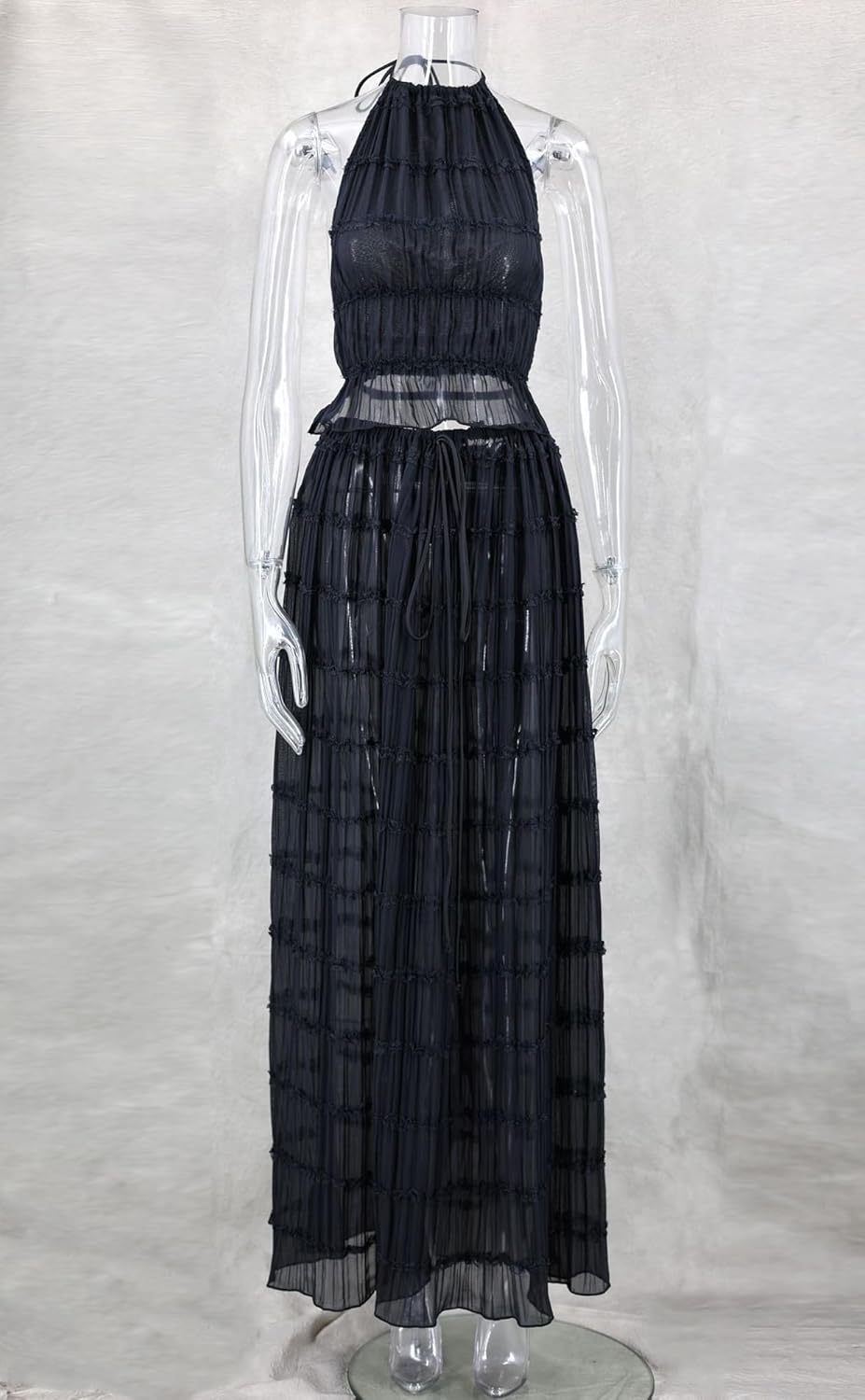 Womens 2 Piece Summer Outfits Chiffon Halter Backless Crop Top and Flowy Tulle Ruffle Maxi Skirt Sets - Image 7