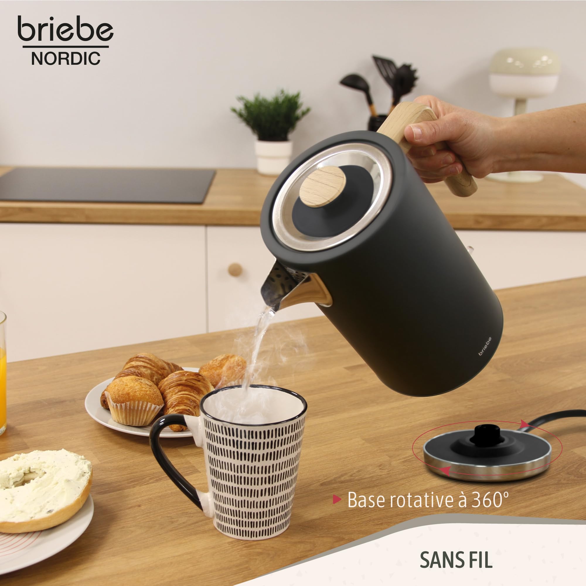 briebe Nordic Ensemble Grille Pain 2 Fentes Tranches Larges, 6 Niveaux de Dorage + Bouilloire Électrique 1,7 L sans Fil, 2200 W, sans BPA, Pack Petit Déjeuner Électroménager, Design Nordique, Noir