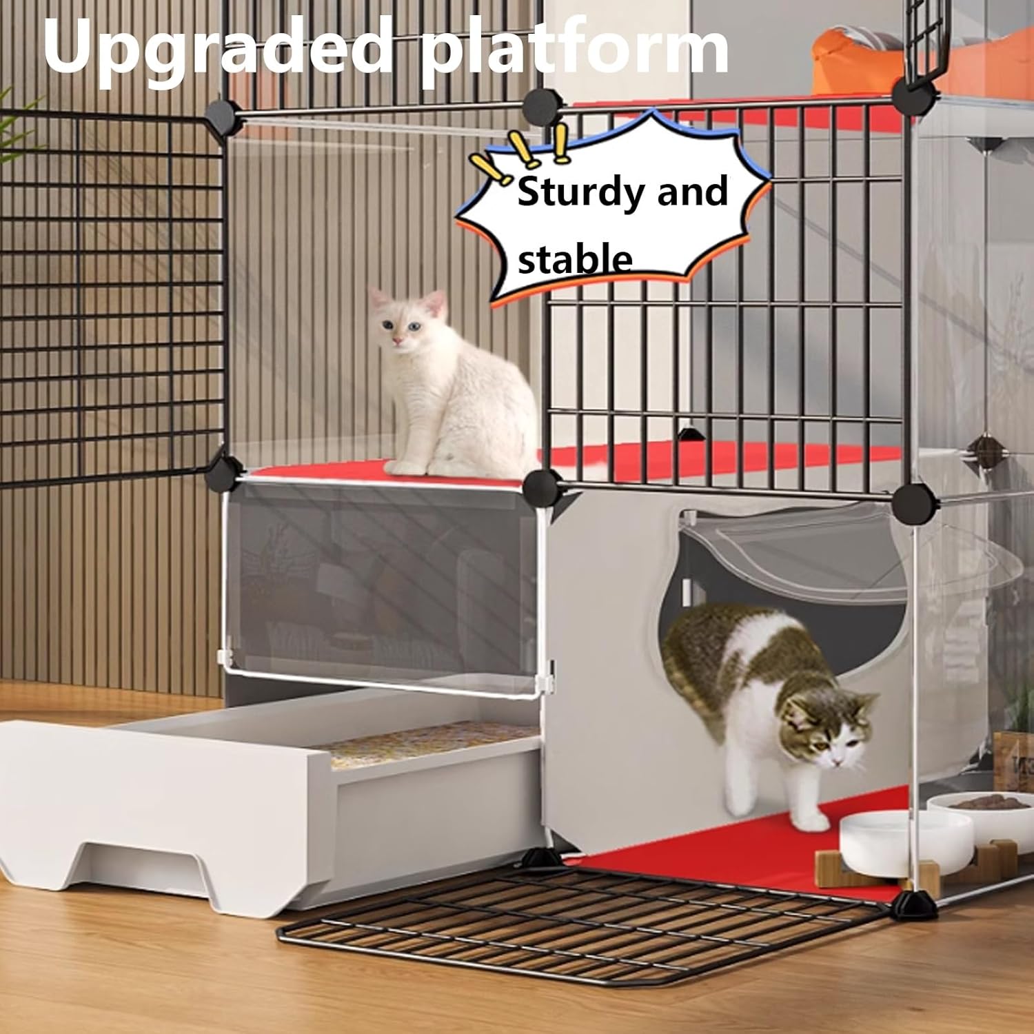 Cat Cage with Enclosed Litter Box Integrated Household Indoor Cat Villa Hd Clear Cat Playpen Multi-Level Platform DIY Cat Enclosure Cat Crate Cat Condos (111 * 49 * 73Cm)