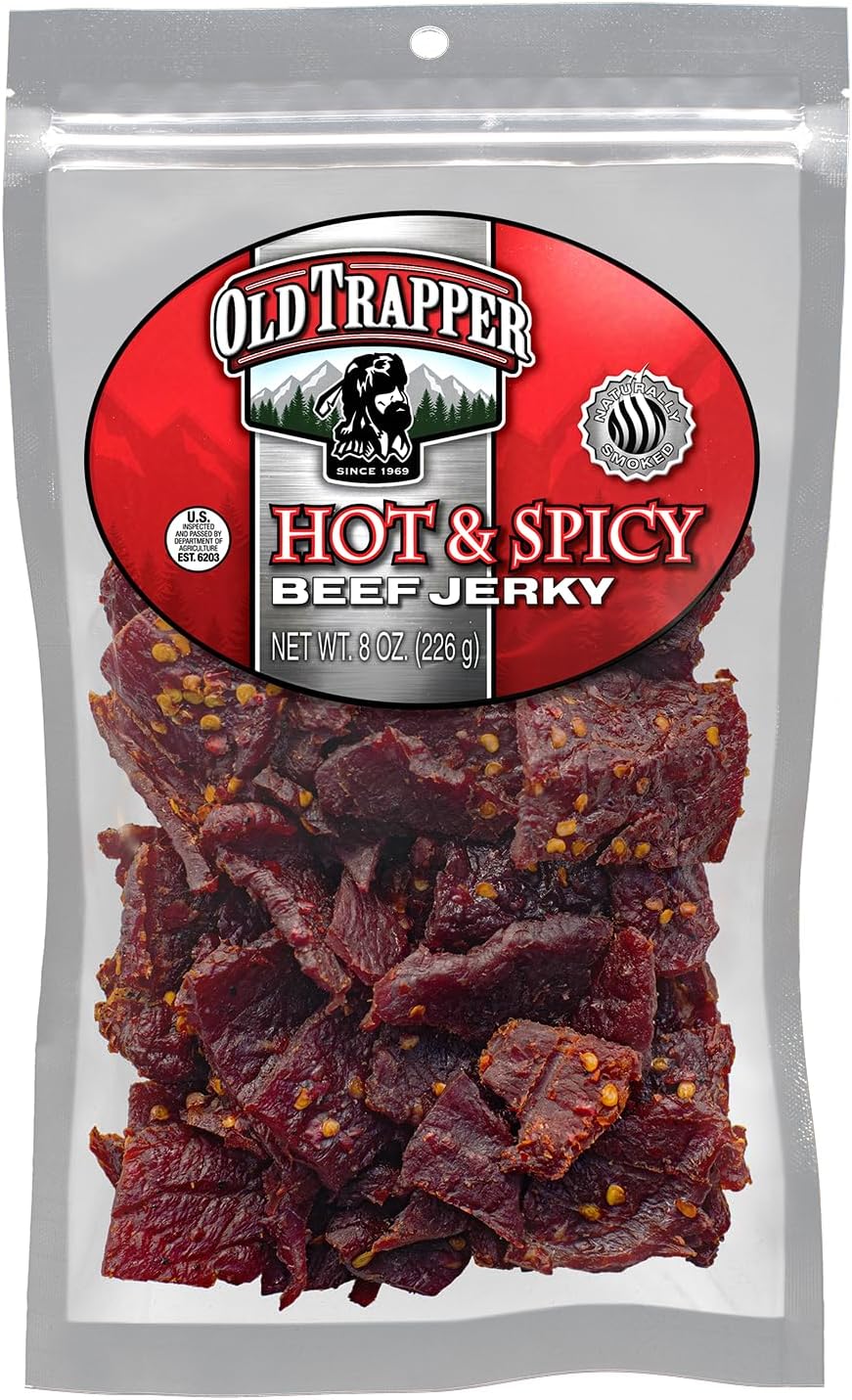 Old Trapper Beef Jerky, Hot & Spicy 8 Ounce Individual Pack, Tender and Spicy Meat Snacks for Lunches or Between Meals, 11 Grams of Protein and 70 Calories per Serving (Pack of One)
