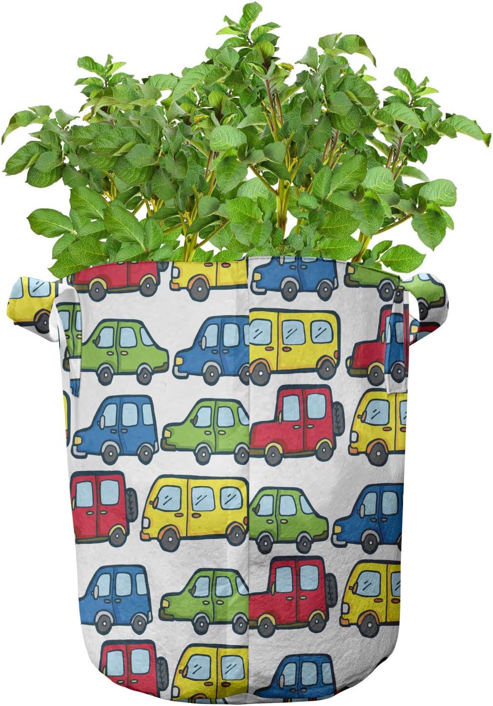 Lunarable Car Grow Bags 5-Pack, Buses and Trucks Boyhood, Heavyduty Fabric Pots with Handles for Plants, Multicolor
