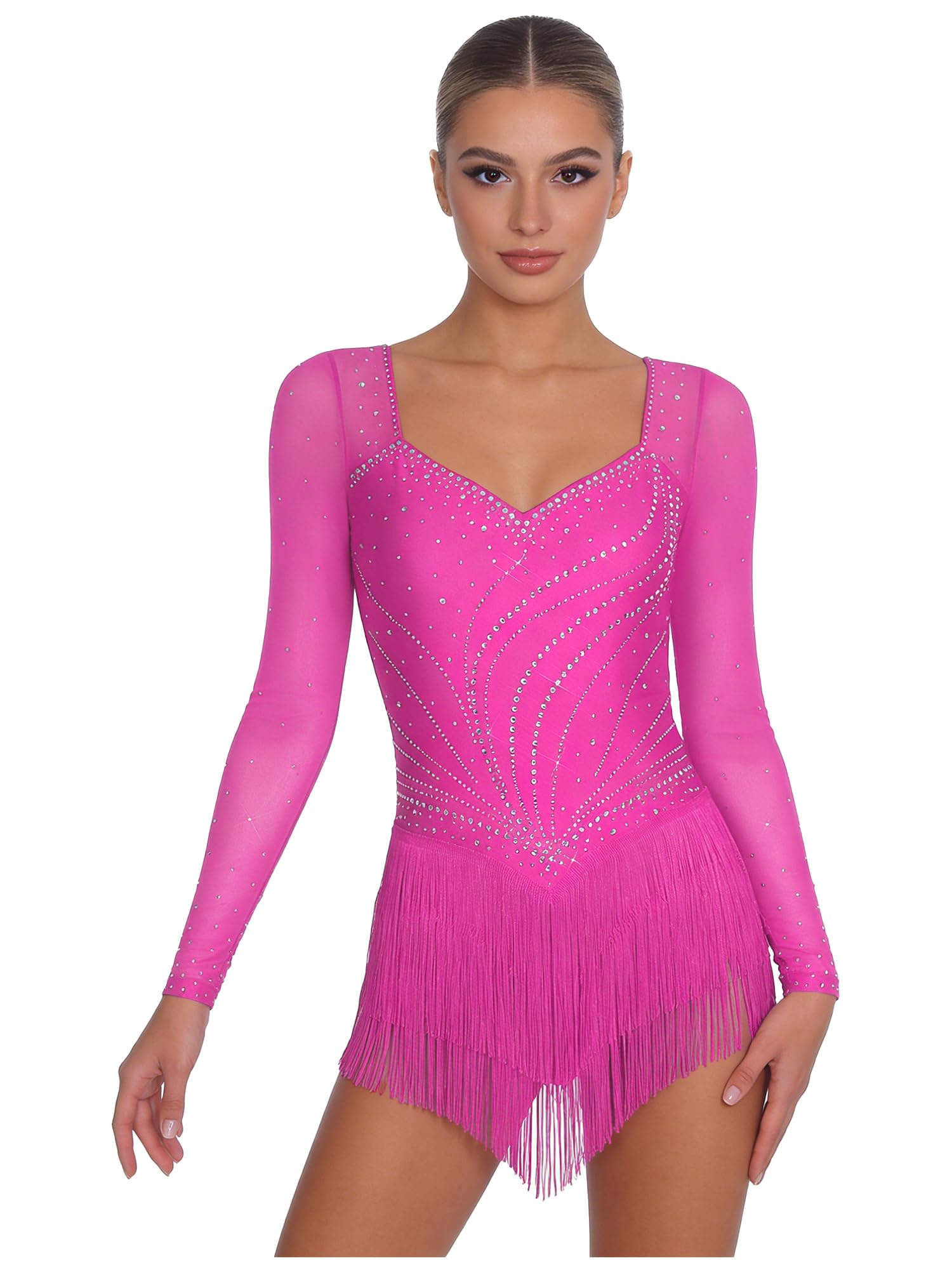 Vestido de Baile Salsa con Flecos Manga Larga Pedrería Brillante Latino Profesional Rumba Vals
