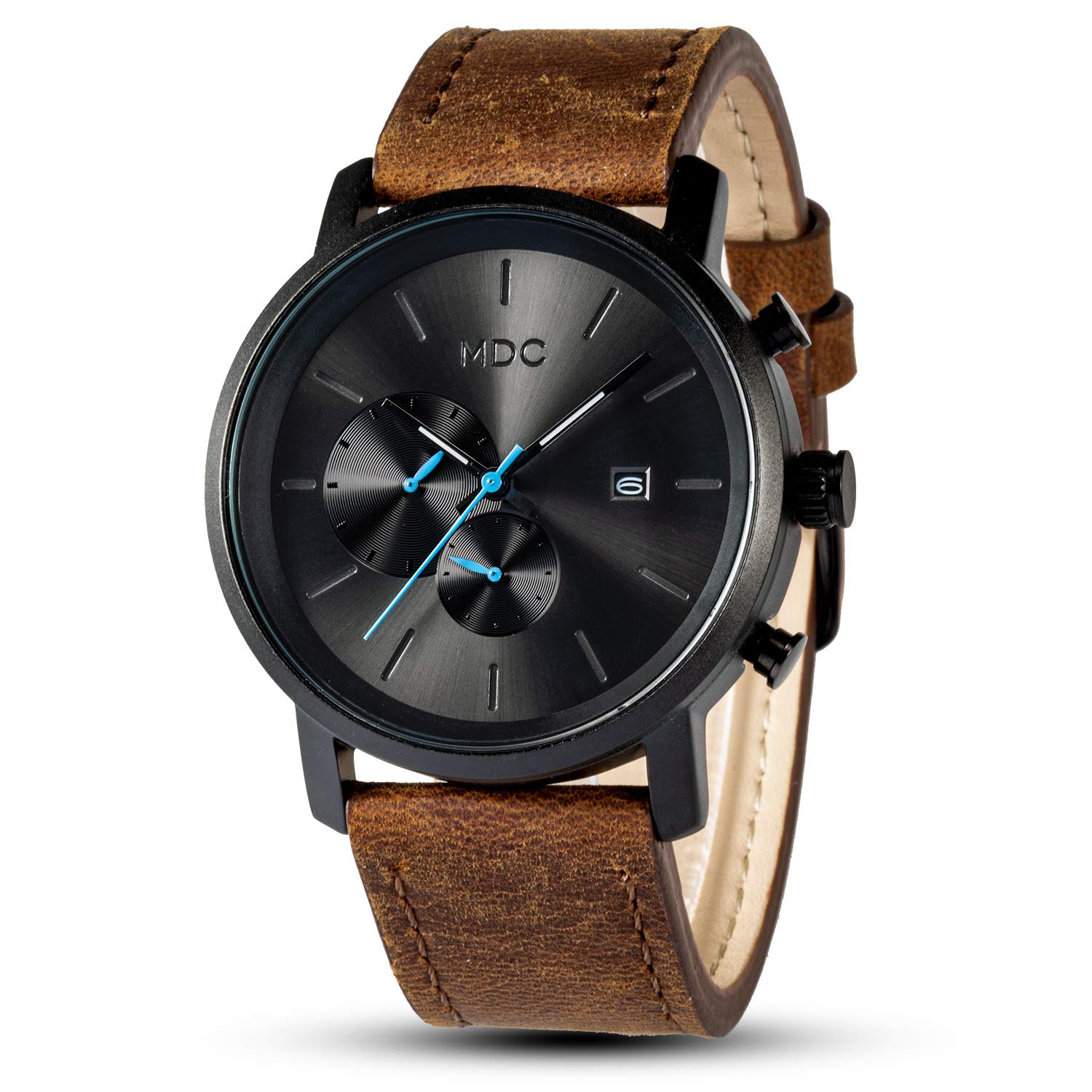 MDC Mens Fashion Watches Black, Chronograph Quartz Wrist Watches for Men, with Auto Date Waterproof, Genuine Leather Band