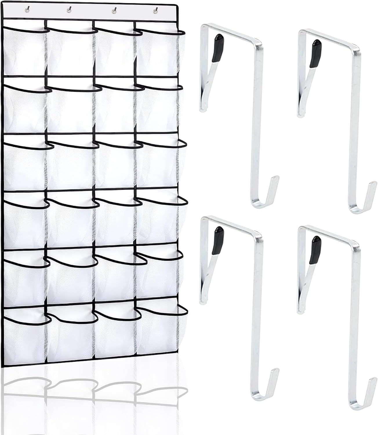 Over the Door Shoe Organizer with 24 Large Mesh Pockets, Space Saving Hanging Storage for Shoes & Accessories, Holds up to 40 lbs, Black Closet Rack Hanger WHITE