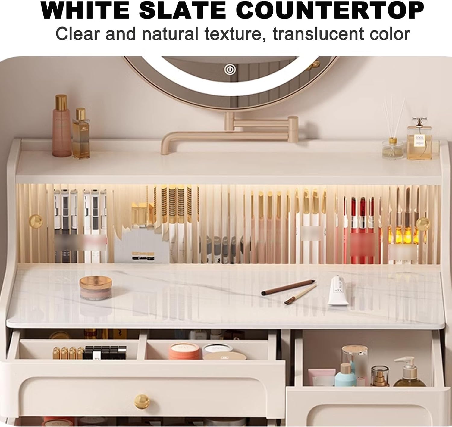 LTINGNG ドレッサー ガラスドア付き メイクアップテーブルオーガナイザー オールインワン サイドキャビネット 格納式デザイン